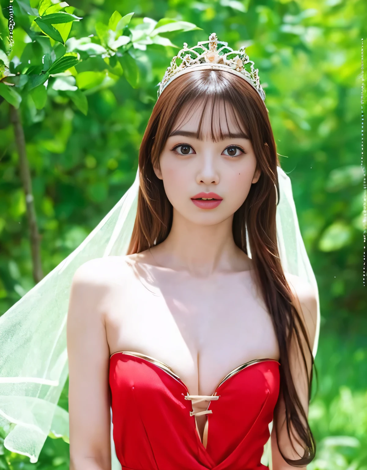 (Fierce battle with the dragon)、highest quality、masterpiece、超A high resolution、(ホワイトdragon armor)、dragon armor、(She wears a beautiful crown made of precious stones.),(Photoreal:1.4)、RAW photo、1 girl、golden hair、glowing skin、(((With the legendary sword)))、(Looks like a gorgeous jewelry necklace)、(fight a big dragon)、with a beautiful knife、(White Metal Bodysuit)、(beautiful forest background)、steep cliff、(Small LED)、((Ultra realistic details))、portrait、global illumination、Shadow、octane rendering、(one-eyed scouter)、8k、super sharp、big breasts、Raw skin exposed by cleavage、Metal、intricate decorative details、Japan details、very intricate details、realistic light、Trends in CG society、red eyes、shining eyes、towards the camera、Neon detailed mechanical marginal vertebrae attached to the back of the blood vessels connected to the tubes、cervical vertebrae mechanically attached to the neck、(Wires and cables connecting to the head)、gundam、Small LED、,mechanical thighs、2 stocks、(Hands are also made of machines)、(veil)、