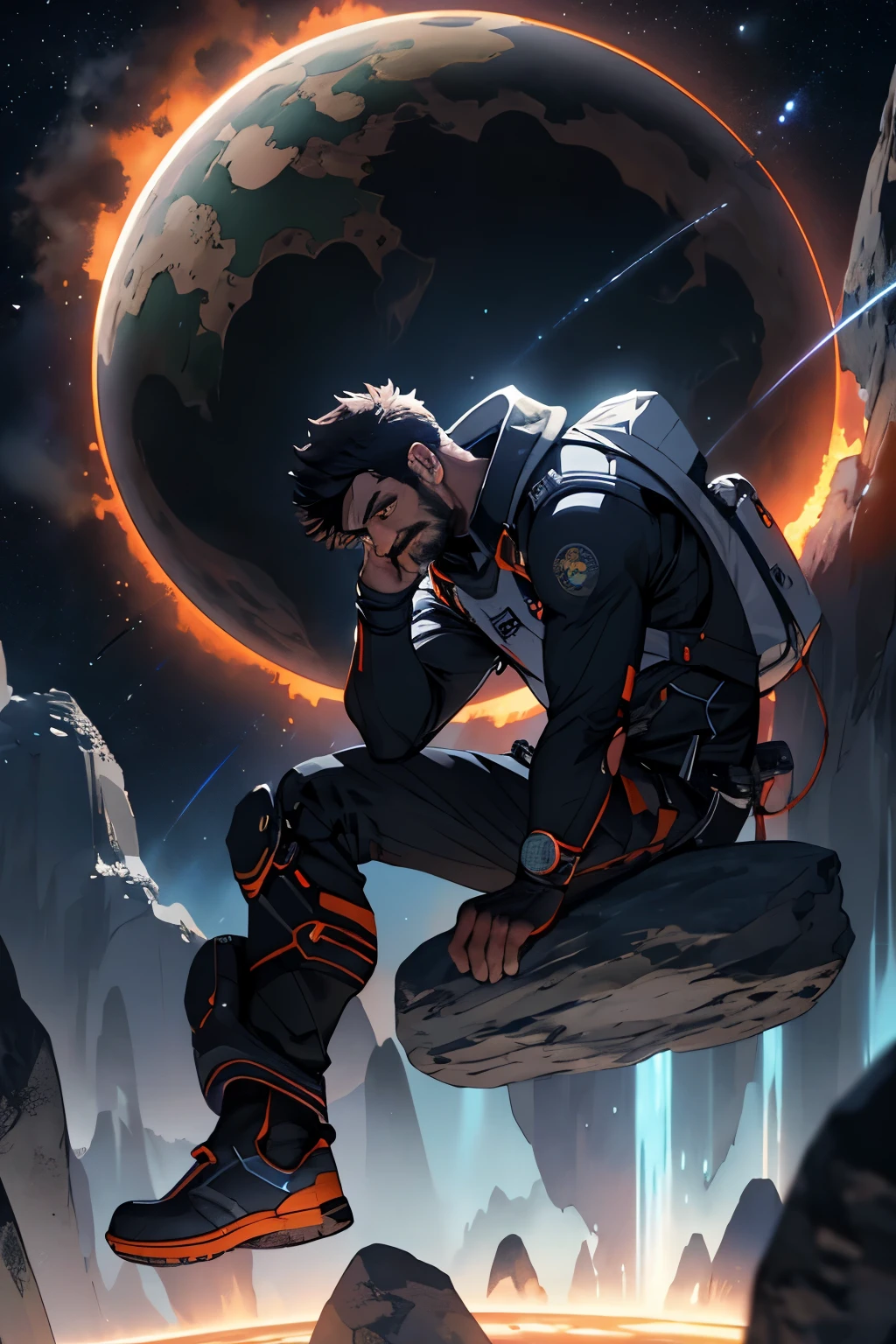 Draw a young programmer, sitting on a research platform floating in the middle of an asteroid belt. He is studying with a notebook, surrounded by several asteroids glowing with fiery auras. Dramatic lighting from distant stars and planets illuminates the scene, casting deep shadows on the suit. The young man looks confident and determined, looking at the vast and mysterious universe with wonder and respect,facial hair, cowboy shot,