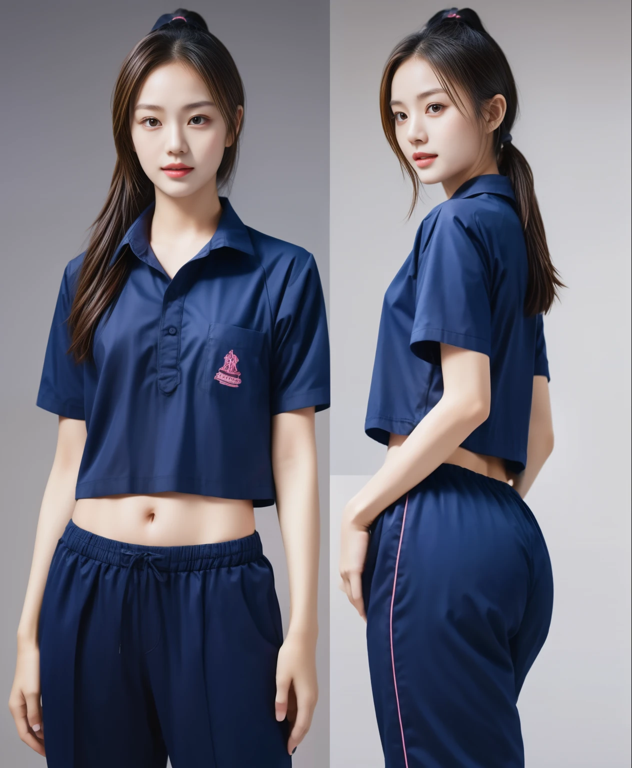 (best quality,10,10,height,Masterpiece:1.2),Special details,(realistic,ภาพrealistic,Realistic photos:1.37),1 Cute girl in the kitchen,shiny, ผิวshiny,only,smile softly,BDclothelue shirt:1.3)),short sleeve,shirt, กางเกงขาlong.,(navy_long_track pants:1.1), ((Kitchen Background)),Dynamic angle,excited,Face focus,dynamic poses,from behind,focus on ass,Masterpiece, best quality, ultra realistic, hyper-detail, 8K resolution, raw photos, Sharp focus, ((Navy blue shirt:1.1)), short sleeve, เส้นทางlong, perfect body, 2 mature women, 18 years old, Cinema-grade lighting system,blue sweatpants,exercise clothes,correct anatomy,perfect body, correct body, Sharp face, correct bodyทางกายวิภาค, full body, realistic gestures, long-haired, realistic poses,Wear long shorts...........................,ช่วงขาlong,Good shape,carved girl, Slender figure, Model, Good shape, beautiful body,blue sweatpants, two girls kissing