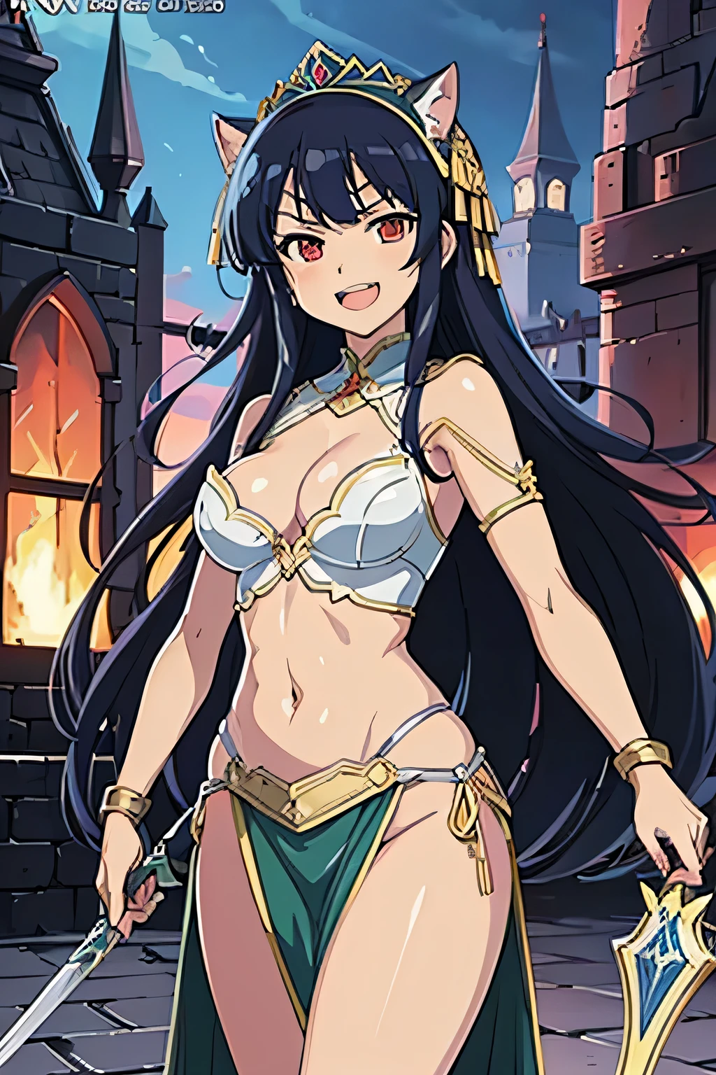 Mirai , Senran Kagura, masterpiece, best quality, highly detailed, fantasy , a anime girls in armored dress holding a sword
posing for a picture, evil smile, smile, open mouth, breastplate with open cleavage, cleavage, warrior
outfit, ecchi anime style, anime girls, ecchi style, (nsfw) not safe for work, ecchi, digital anime art!!, in
anime style, official artwork, visual novel cg, beautiful anime girl, anime style 4 k , loincloth, exposed
belly, exposed navel, exposed midriff, exposed lower belly, pencil skirt armored, castle,inside castle,