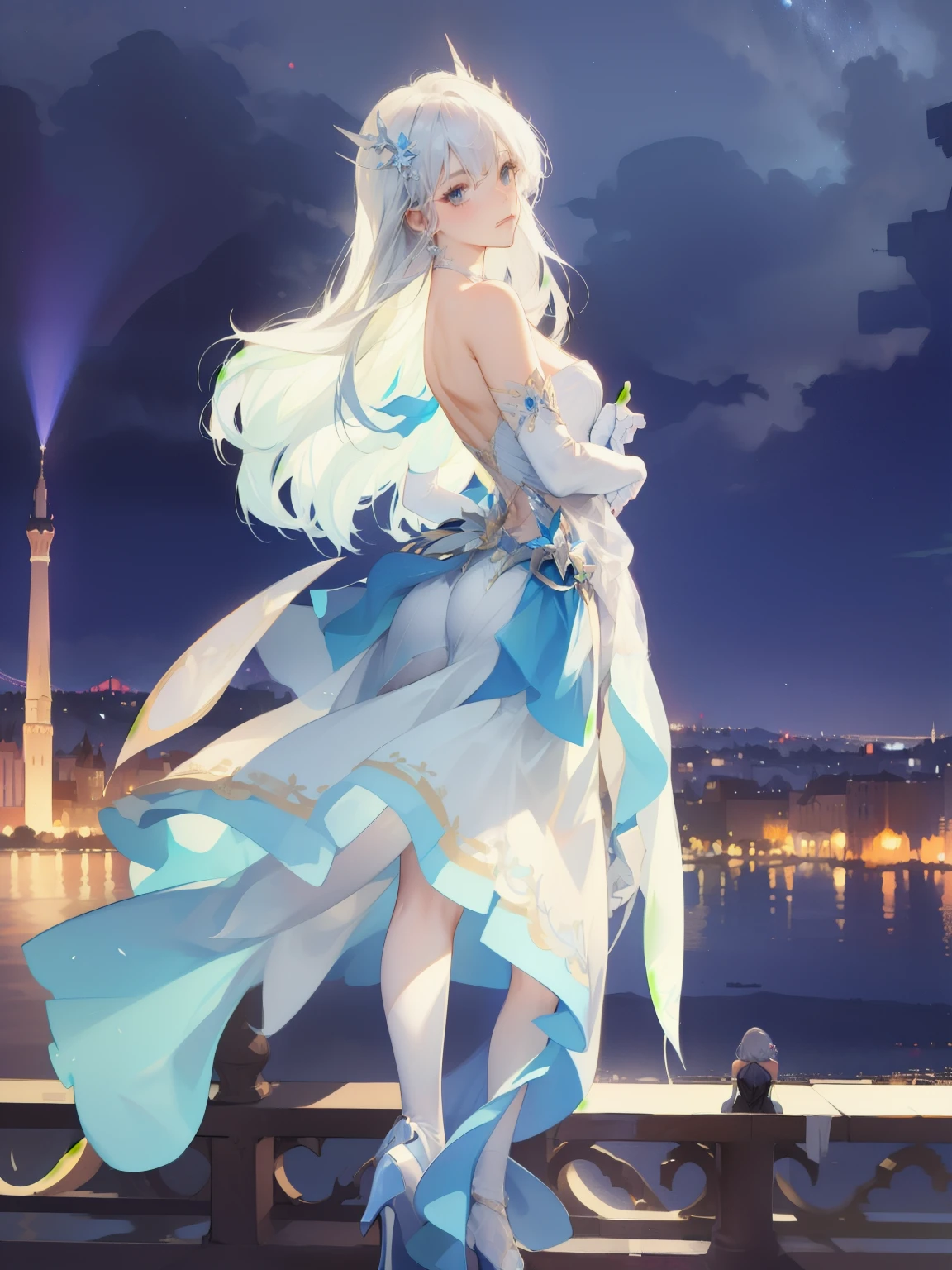 ,hair ornament, bare shoulders, elbow gloves, dress, legwear, standing, arms behind back, cityscape, night, lake, mature female, looking at viewer,