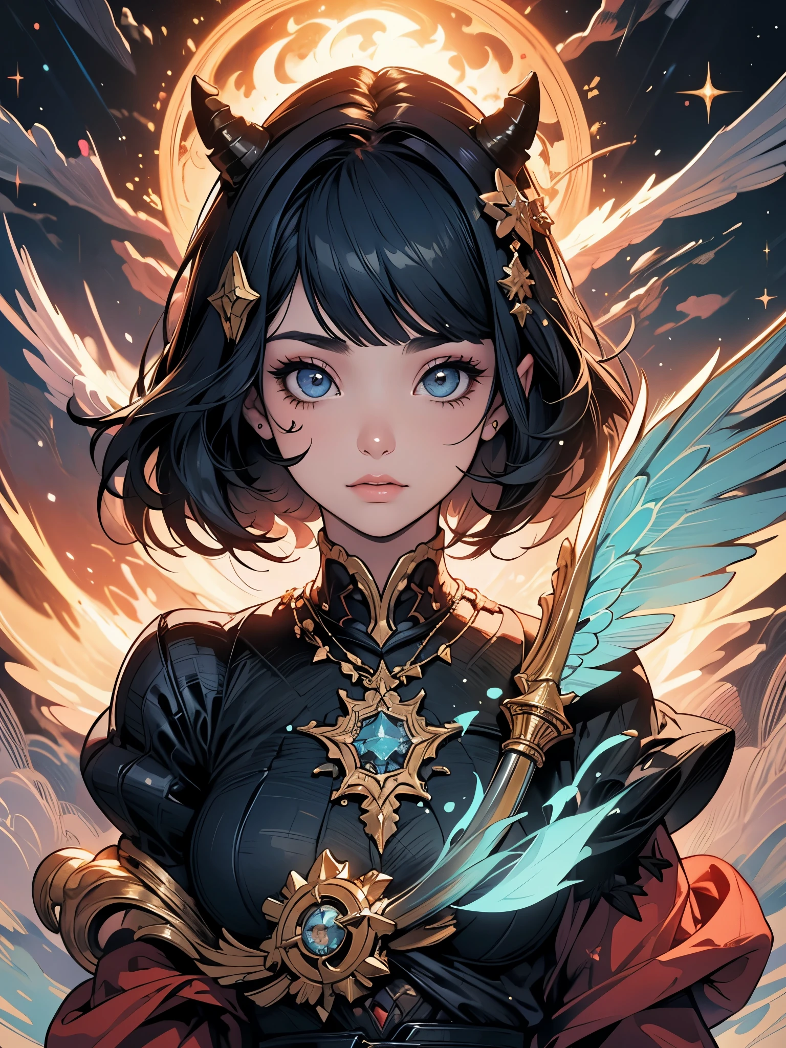 (obra de arte), (melhor qualidade), (detalhado), camada leve, pele brilhante, (intricate detalhado , roupas apertadas, , demon wings,hair ornament :1.2), de cima, cabelo preto, gargantilha preta, cabelo longo, hime cut, Mulher, Franja cega, bloqueios laterais, olhos vermelhos, holding the staff,segurando a foice,segurando a espada, (mulher madura:1.1), [sem censura, NSFW, mamilos, seios pequenos, rabos de cavalo laterais (fundo simples:1.1), corpo inteiro, big ass, thick muscle coxa, cabelos brancos