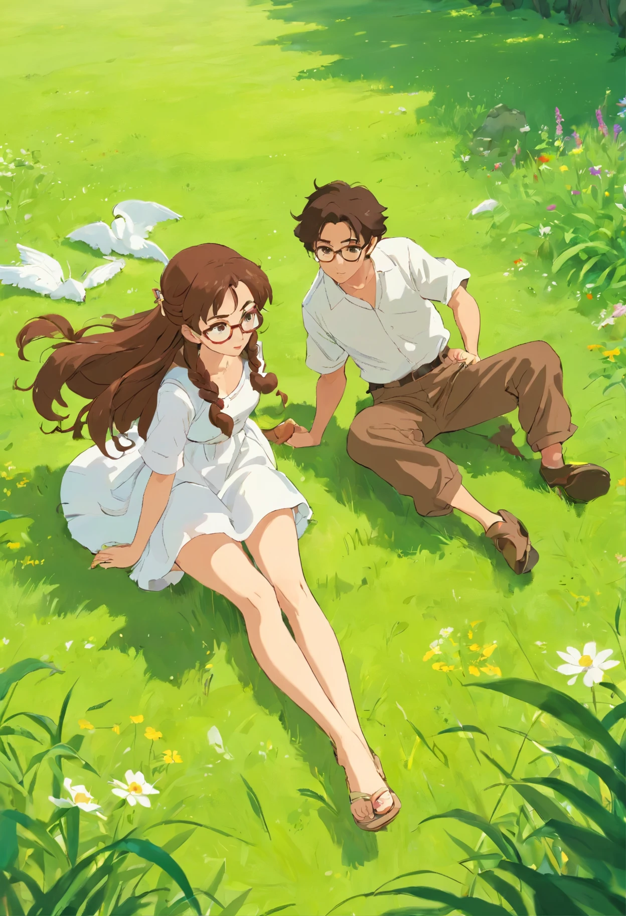 A beautiful woman with long, slightly curly hair and a brown hair braid, wearing a white dress, is painting on a wide expanse of grass, and there is a man wearing a green shirt and brown pants, with a twoblock hair style, wearing glasses, painting together, shot from behind