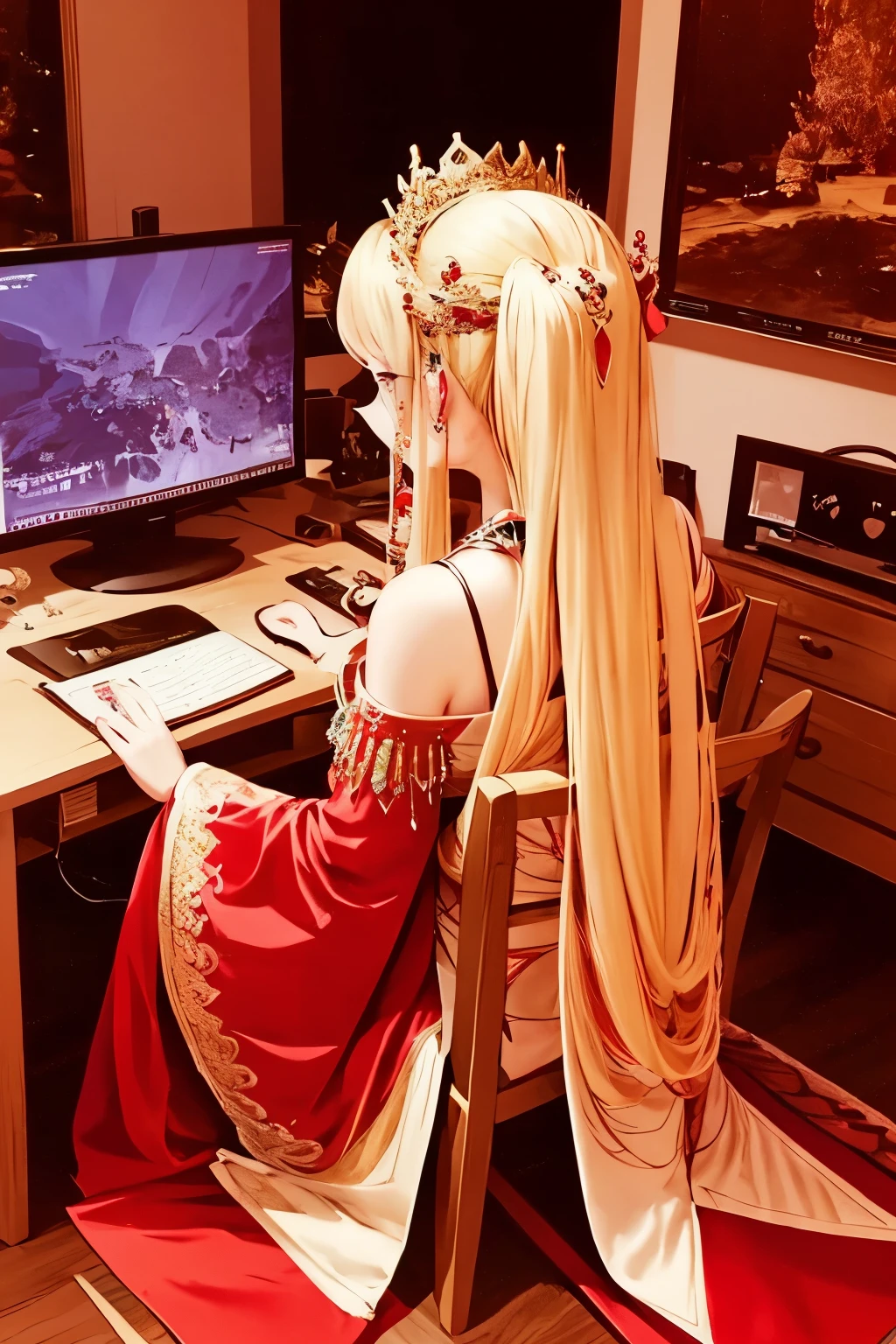 (Masterpiece)), ((best quality)), (ultra-detailed), 1 girl, absorbed in playing games, turns her chair from behind revealing a captivating backview, Large display screen adorned with radiant red and gold pixels reflects her engrossed expression, delicate fingers dexterously navigate the computer keyboard with precision, regal elegance encircles her in a red and gold dress, a gleaming crown placed delicately atop her head, (5K), (stunning), (((enchanting visuals))), superb quality, detailed facial features, vibrant colors, full HD, enchanting, (visually attractive), (gorgeously rendered), brilliant graphic design.