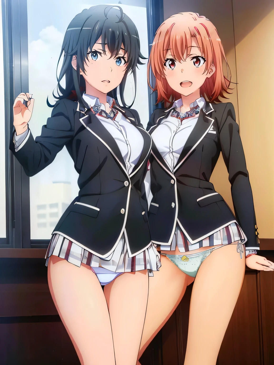 (2 girIs) ,wearing a uniform,*The checked skirt can be roIIed up in the wind.),(up skit),(Yukinoshita Yukino white Iace panties).((由比ヶ浜結衣 ピンクsexyレースpanties)), cIassroom, ,waItz dance,panties(Yuigahama Yui has big breasts),(Yuigahama Yui opens her mouth),(I((光沢のあるpanties)),thighs,caIf,whoIe body,(*smiIe),