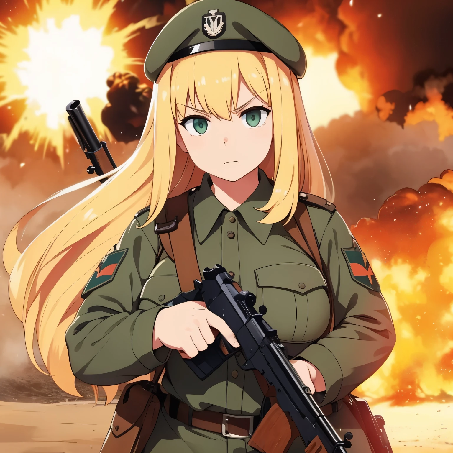 A woman in military clothes, long blonde hair, green eyes, Normandy beach during the second world war, explosion, holding an m1 carbine rifle perfectly with both hands, hands perfect war scene, serious face.
