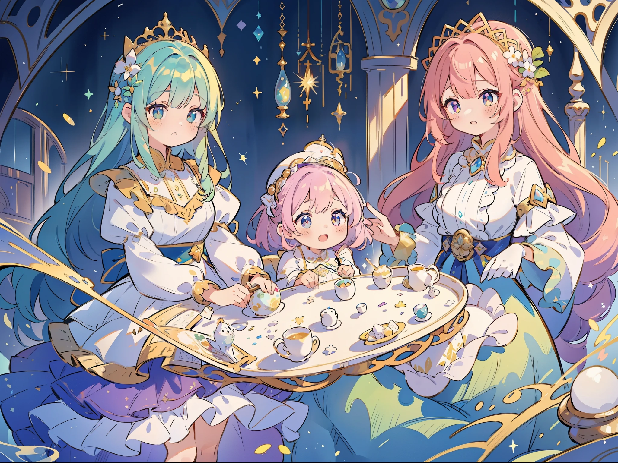 masterpiece, best quality, 8k resolution, sharp focus, intricate detail, beautiful 3girls, sparkling eyes, golden ratio face, otherworldly liquid, watercolor, pastel colors, bright colors, whimsical, colorful, sharp focus, high resolution, fine detail, ((layered tiered puffy long sleeves ballgown)), ((round eyes)), iridescent bubbles, fantasia background