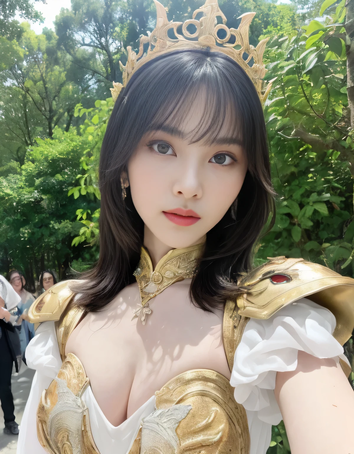 (Fierce battle with the dragon)、highest quality、masterpiece、超A high resolution、(ホワイトdragon armor)、dragon armor、(She wears a beautiful crown made of precious stones.),(Photoreal:1.4)、RAW photo、1 girl、golden hair、glowing skin、(((With the legendary sword)))、(Looks like a gorgeous jewelry necklace)、(fight a big dragon)、with a beautiful knife、(White Metal Bodysuit)、(beautiful forest background)、steep cliff、(Small LED)、((Ultra realistic details))、portrait、global illumination、Shadow、octane rendering、(one-eyed scouter)、8k、super sharp、big breasts、Raw skin exposed by cleavage、Metal、intricate decorative details、Japan details、very intricate details、realistic light、Trends in CG society、red eyes、shining eyes、towards the camera、Neon detailed mechanical marginal vertebrae attached to the back of the blood vessels connected to the tubes、cervical vertebrae mechanically attached to the neck、(Wires and cables connecting to the head)、gundam、Small LED、,mechanical thighs、2 stocks、(Hands are also made of machines)、(veil)、