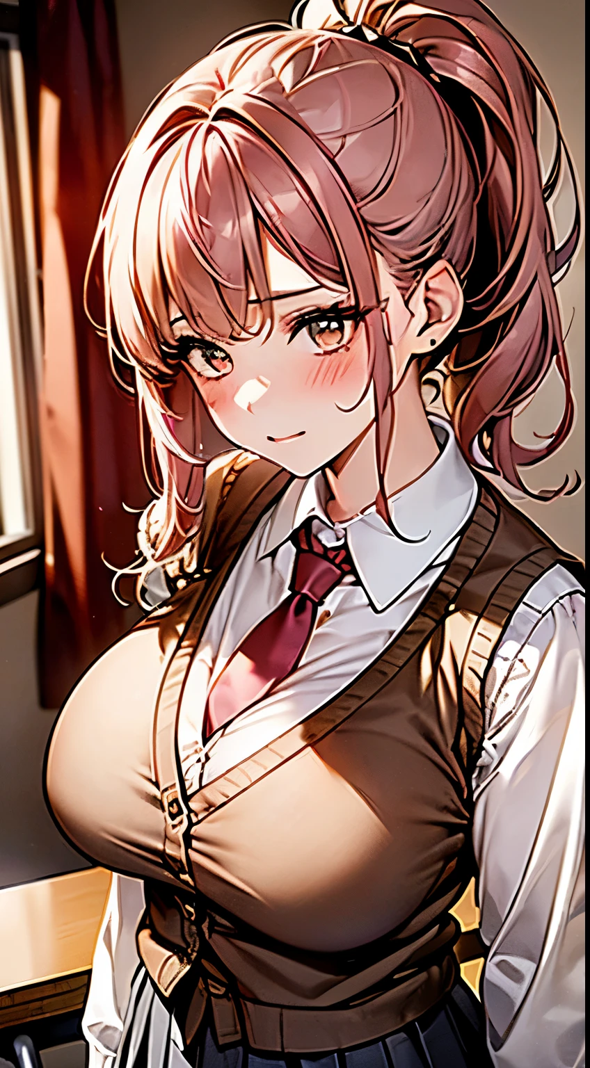 highest quality、best image quality、masterpiece、table top、elaborate design、visual art、 (table top, highest quality, High resolution, , perfect pixel, 4k,), 1 girl, single, alone, Beautiful woman、I could see the whole body, ((detailed face, blush:1.2)), (big breasts:1.4), dynamic angle, perfect body,
((short ponytail:1.5, pink hair)), (flowing bangs, gold eyes, Big eyes, long eyelashes chest),
((fine fabric texture, light brown cardigan vest:1.4, Light grey pleated skirt, white collared shirt, dark red tie)),
(beautiful scenery), daytime, (school classroom), Are standing, (closed mouth),