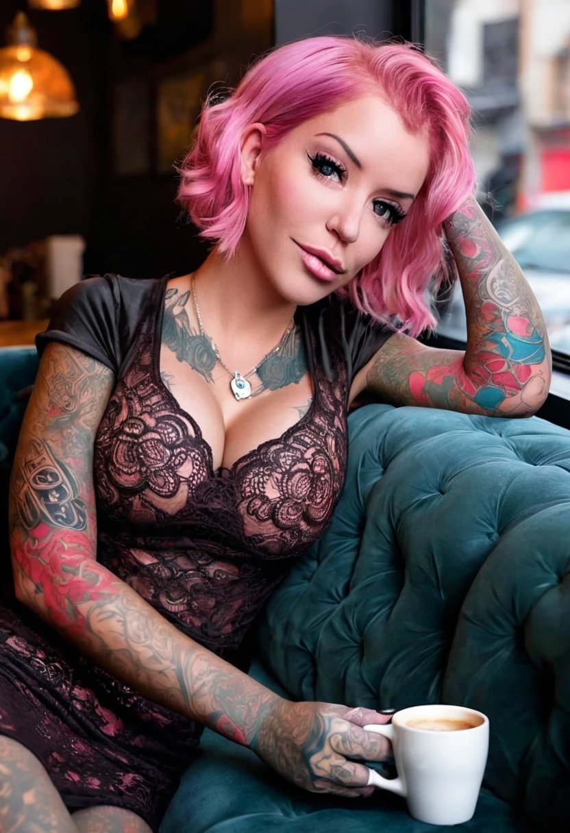 Imagine Laurence Bedard reclining on a plush velvet sofa in a cozy coffee shop, her pink hair framing her captivating features. As she sips her espresso, the sleeve of her tattooed arm peeks out from beneath her sleeve, hinting at the intricate designs that adorn her skin. The aroma of freshly ground coffee mixes with the sight of her mesmerizing ink, creating a sensory experience like no other.
