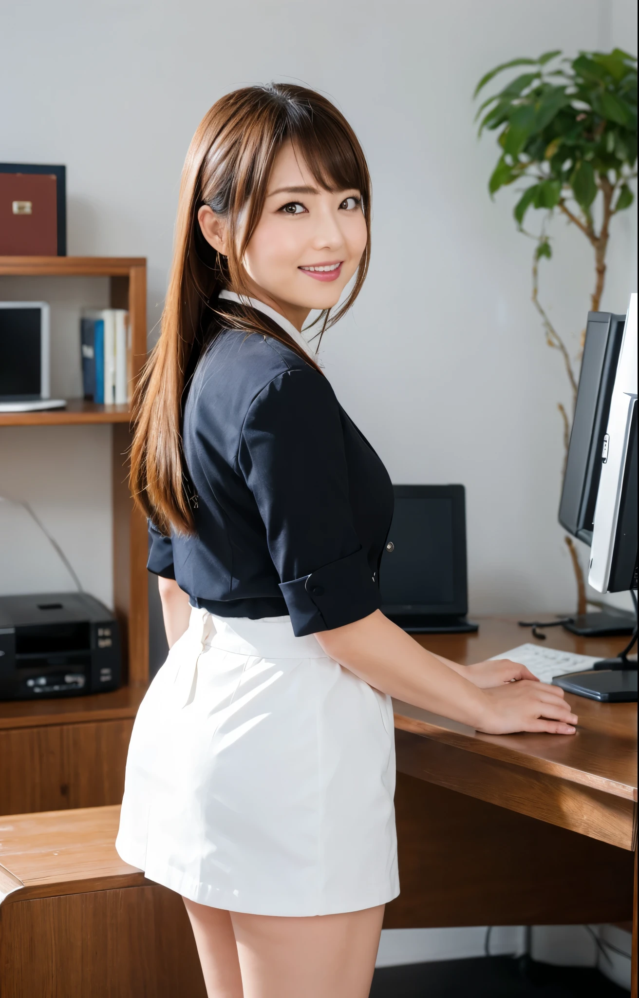 (Best quality, 8k, 32k, Masterpiece, UHD:1.2), from behind, 1 walking girl, beautiy Japanese office lady, (smile:0.5), (looking at the the viewer), 30 years old, bit chubby, white shirt, black skirt, office room, desk, detailed beautiful face, twin-tail hair, from below,