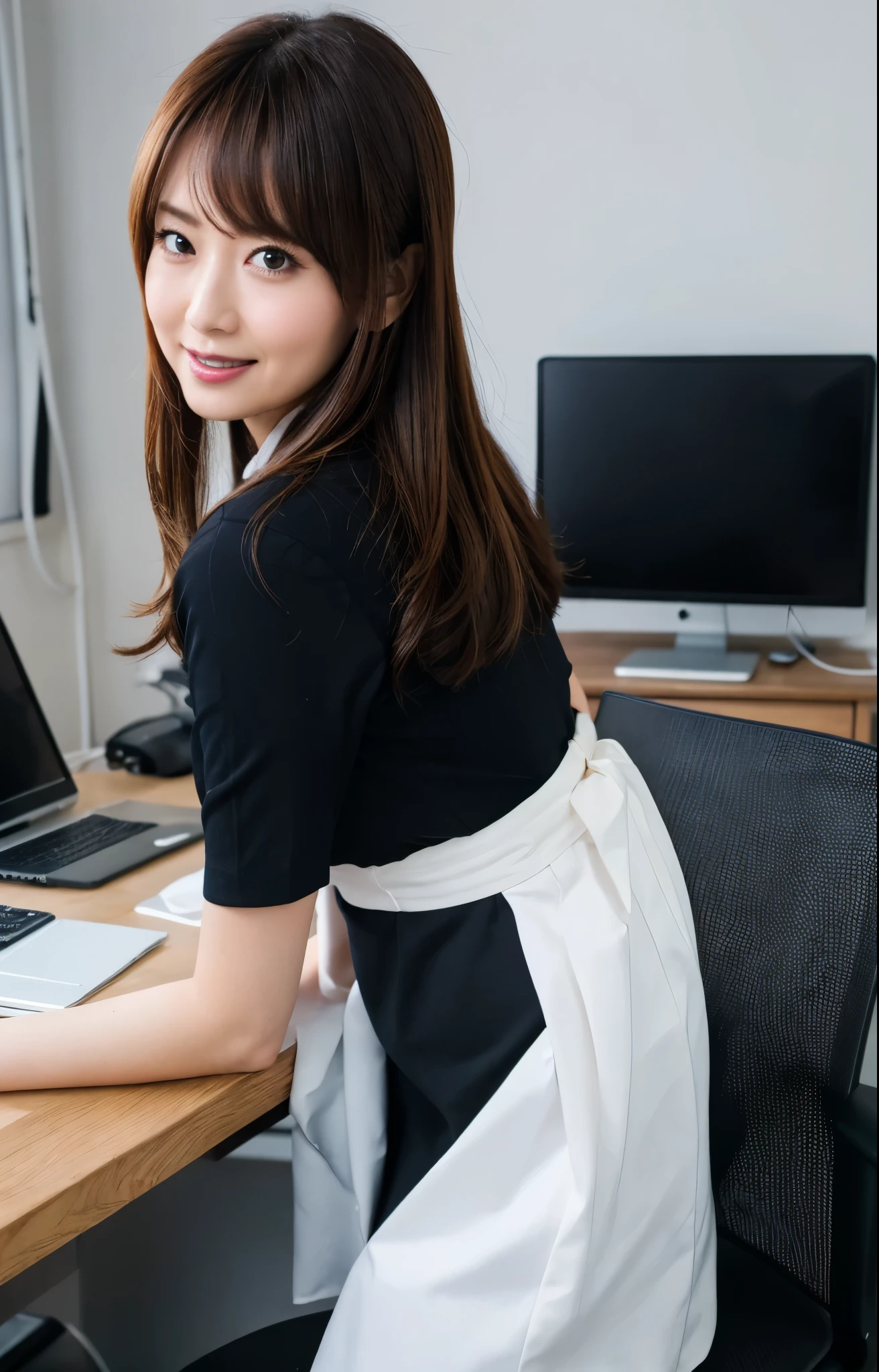 (Best quality, 8k, 32k, Masterpiece, UHD:1.2), from behind, 1 walking girl, beautiy Japanese office lady, (smile:0.5), (looking at the the viewer), 30 years old, bit chubby, white shirt, black skirt, office room, desk, detailed beautiful face, twin-tail hair, from below,