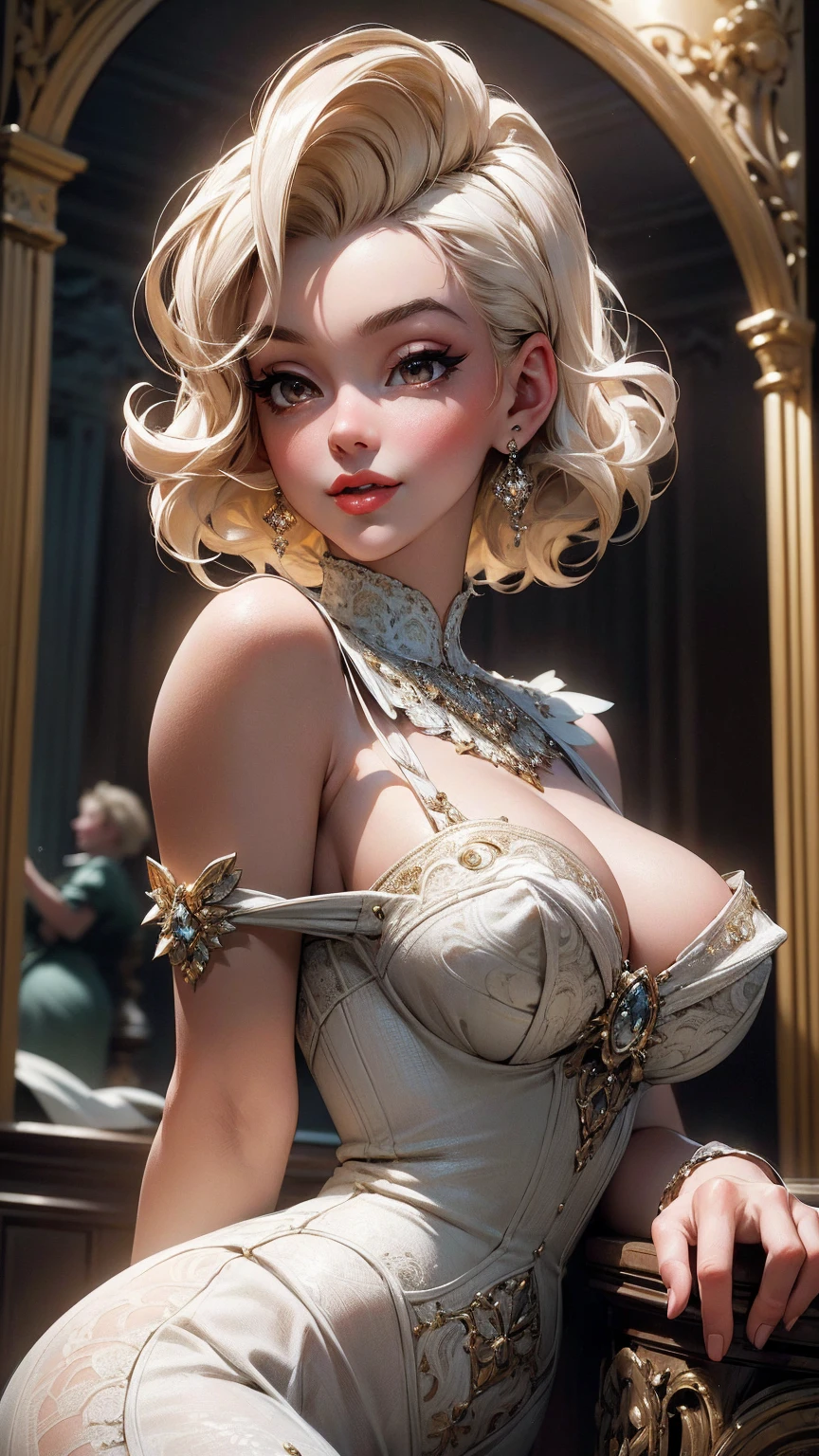 (Masterpiece - Ultra-Detailed, High Resolution) Prepare to be enchanted by a true masterpiece that combines ultra-detailed art with high-resolution rendering. This work shows a mesmerizing woman, with short short, light blonde hair, 1950s style, Marilyn Monroe (1.3) and captivating brown eyes (1.2),(brown eyes) New York illustration style, wearing red lipstick, emanating an aura of elegance and mystery. Wearing victorian classic 1950s clothing. sexy. Intricate details and realistic textures invite you to explore every aspect of this enchanting composition. Transparent white dress. Walking, writing, lying down, standing, on your back, dynamic poses. Get ready to dive into a world where beauty and craftsmanship merge perfectly. Upper body