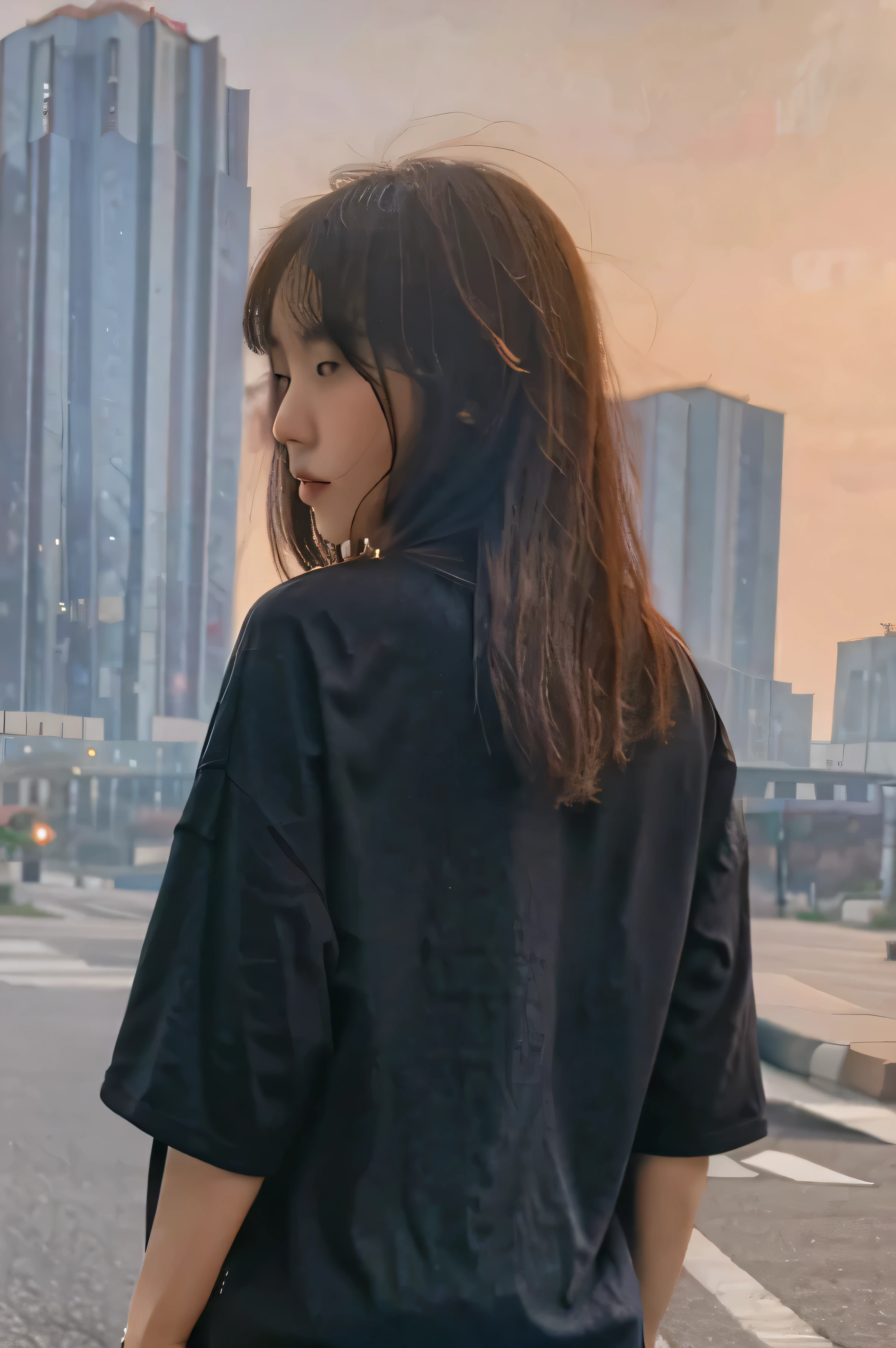Korean girl standing facing his back in a black t-shirt, with a night view of the city, a masterpiece