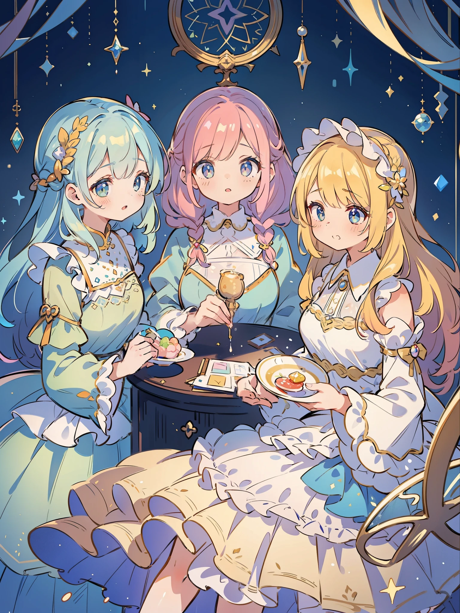 masterpiece, best quality, 8k resolution, sharp focus, intricate detail, beautiful 3girls, sparkling eyes, golden ratio face, otherworldly liquid, watercolor, pastel colors, bright colors, whimsical, colorful, sharp focus, high resolution, fine detail, ((layered tiered puffy long sleeves ballgown)), ((round eyes)), iridescent bubbles, fantasia background