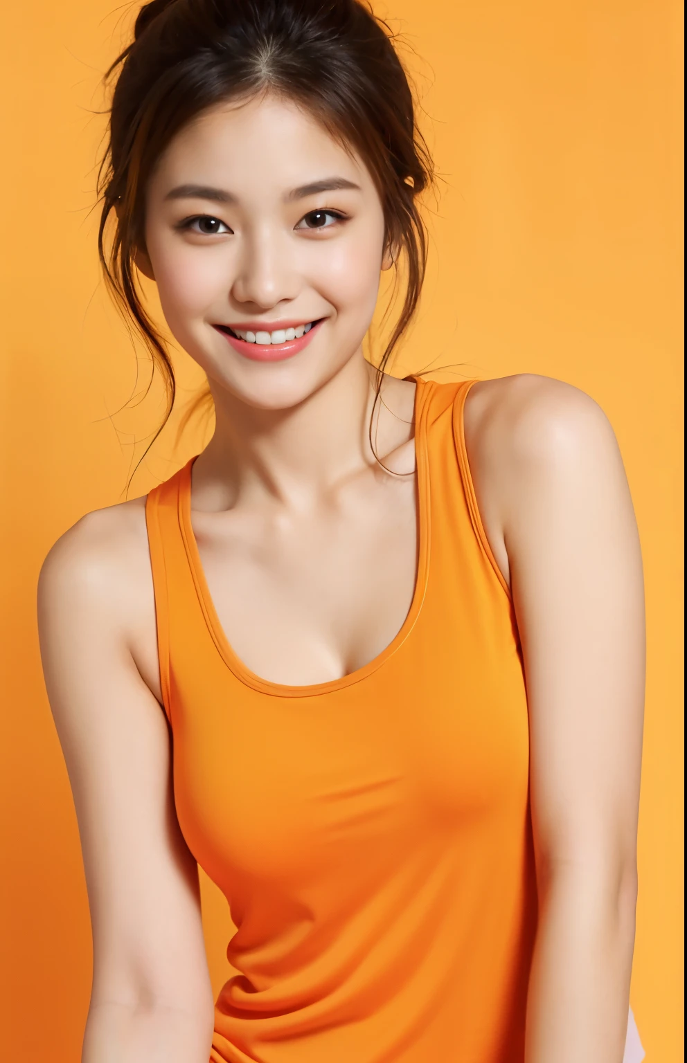 Best quality,masterpiece,ultra high res,(photorealistic:1.4),1girl, smile, orange tank top T-shirt, no sleeve, in studio, pastel orange background,