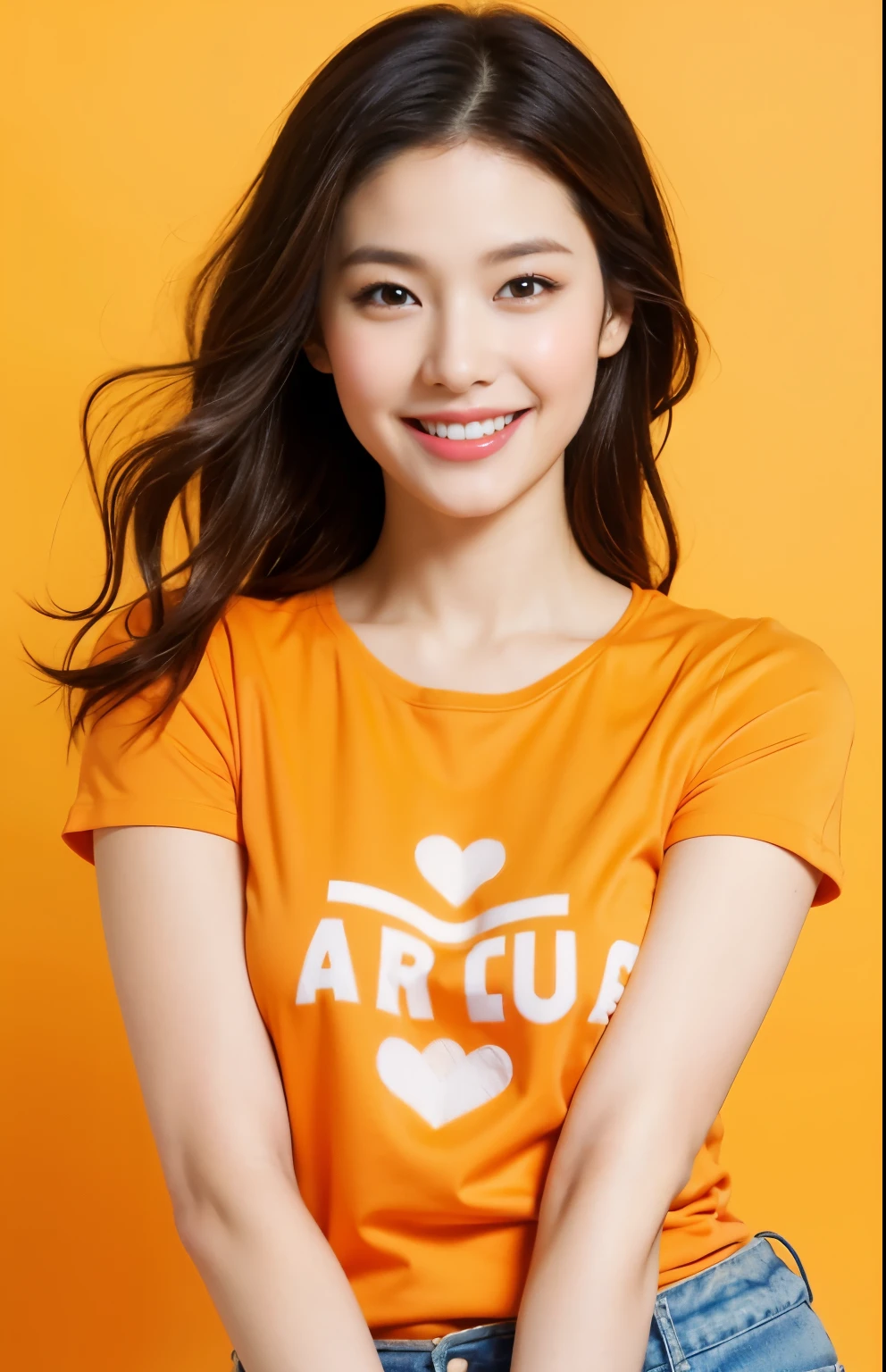 Best quality,masterpiece,ultra high res,(photorealistic:1.4),1girl, pretty, smile , orange short-sleeved T-shirt, in studio, pastel orange background,
