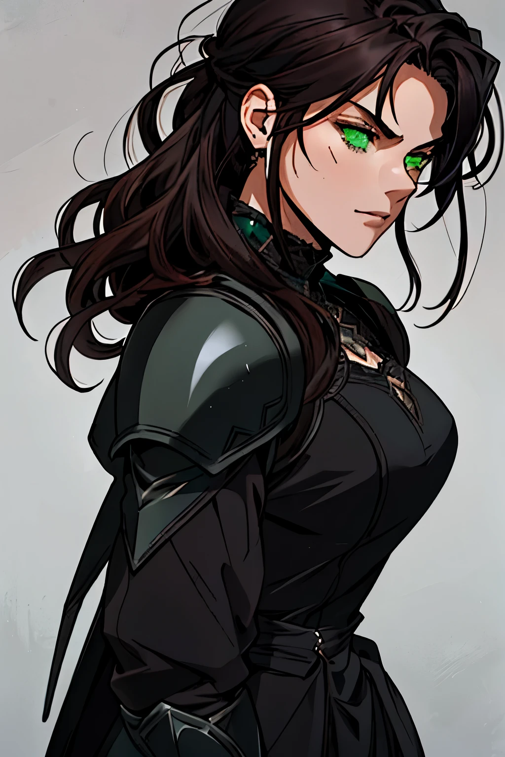 ((masterpiece)), ((best quality)), 1girl, adult, big bust, ((dark hair)), ((intimidant look)), ((close-up)), profile image, black clothes, sexy, dark colors, green eyes, full body, armored