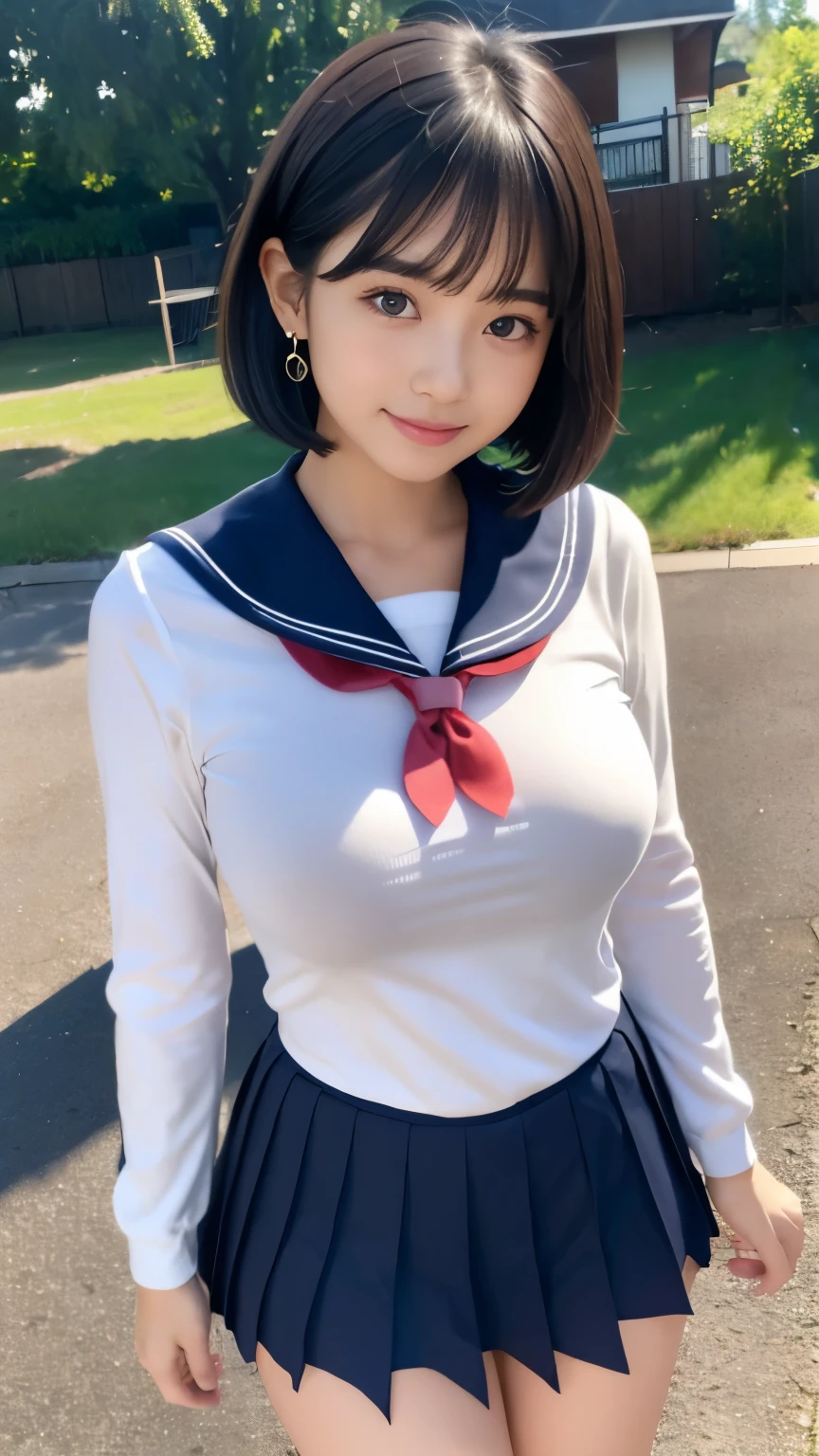 men and women ,expensive,170cm、 (garden), (smile、laughing out loud、Sailor uniform)、They hesitate、anger,Sweaty body、Wet Hair, Underarm, Medium chest,Realistic nipples, Realistic butt crack, Very short hair , (expensive色彩彩度:1.0), (Very detailed肌), (Highest quality:1.0), (Ultra-high resolution:1.0) ,(Realistic:1.0), (Very detailed:1.0), (8k, RAW Photos:1.1)、((Thick pubic hair))、(Touching your own with your hands)、thin、short hair、(mai shiranui)、Front view、Skirt Lift