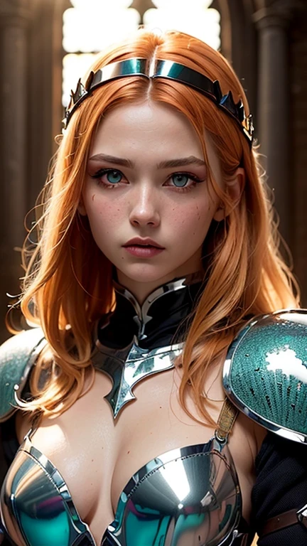 ((best quality: 1.5)) ((masterpiece: 0.8)), intricate details, sharp focus, professional, photorealistic, real life, realistic representation of the face, ((((solo, 1girl) muscular assassin, golden hour, (albino skin, intense expression, god rays, [flat chest:medium breasts:0.8])))) dynamic action pose, homely face, in the style of realistic and hyper detailed renderings, medieval church, stained glass, solo, BREAK; BREAK (((short ginger bob hair, (blackout gothic eyeshadow, makeup), clear green eyes))), (blemish: 0.7), ((fujicolor)), BREAK; BREAK ((((medieval paladin, (lacquered seafoam chrome armor:1.9 weapon, modest, knight, iron circlet, etching))), photorealistic, hyper-realistic))