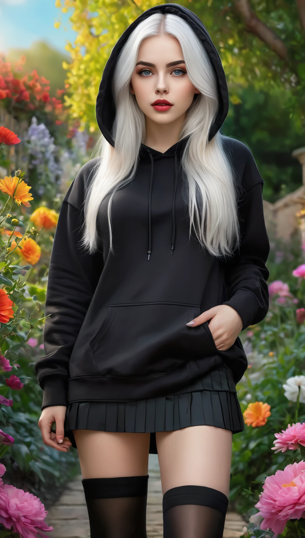 (best quality,highres),portrait of a girl with white hair,black skirt and hoodie,black boots,dark stockings,beautiful detailed eyes,beautiful detailed lips,ultra-detailed face,long eyelashes,soft facial features,confident expression,standing in a garden,with colorful flowers in the background,soft sunlight illuminating her face,artistic oil painting style,vivid colors and sharp focus.