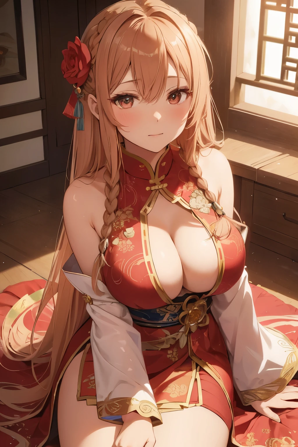 Asuna, dressed in a traditional Chinese New Year outfit, gracefully presents herself with soft shoulders, her hair elegantly tied in intricate braids. The alluring short dress, adorned with vibrant colors and intricate patterns, highlights her ample assets and showcases her big chest. Her smooth thighs, subtly revealed by the hem of the dress, allure the viewer with their silky texture. Asuna's delicate features are accentuated in the top view, captured in a high-angle shot, as she looks directly at the viewer with a blushing expression, inviting them to take in her allure.