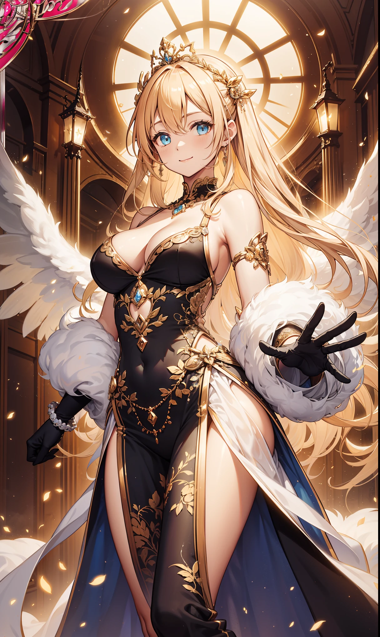 top quality,highest resolution,metropolitan,Elegant and charming,charm,in love,sacred style,(Intricately designed clerical hybrid clothing),young women,Gloves,short blonde curly hair,Disk hair,Smile,Blue jewel-like eyes,Design intricate clothes,gem,Sculpture,Unusual decoration,intricate metal crown,Transparent lace,Light的图案,gold stripes,dress nicely,Heavenly background,night,Carved suspender boots,Super super details,圣Light特效,cloud,fog,Light,Exquisite and beautiful eyes and face