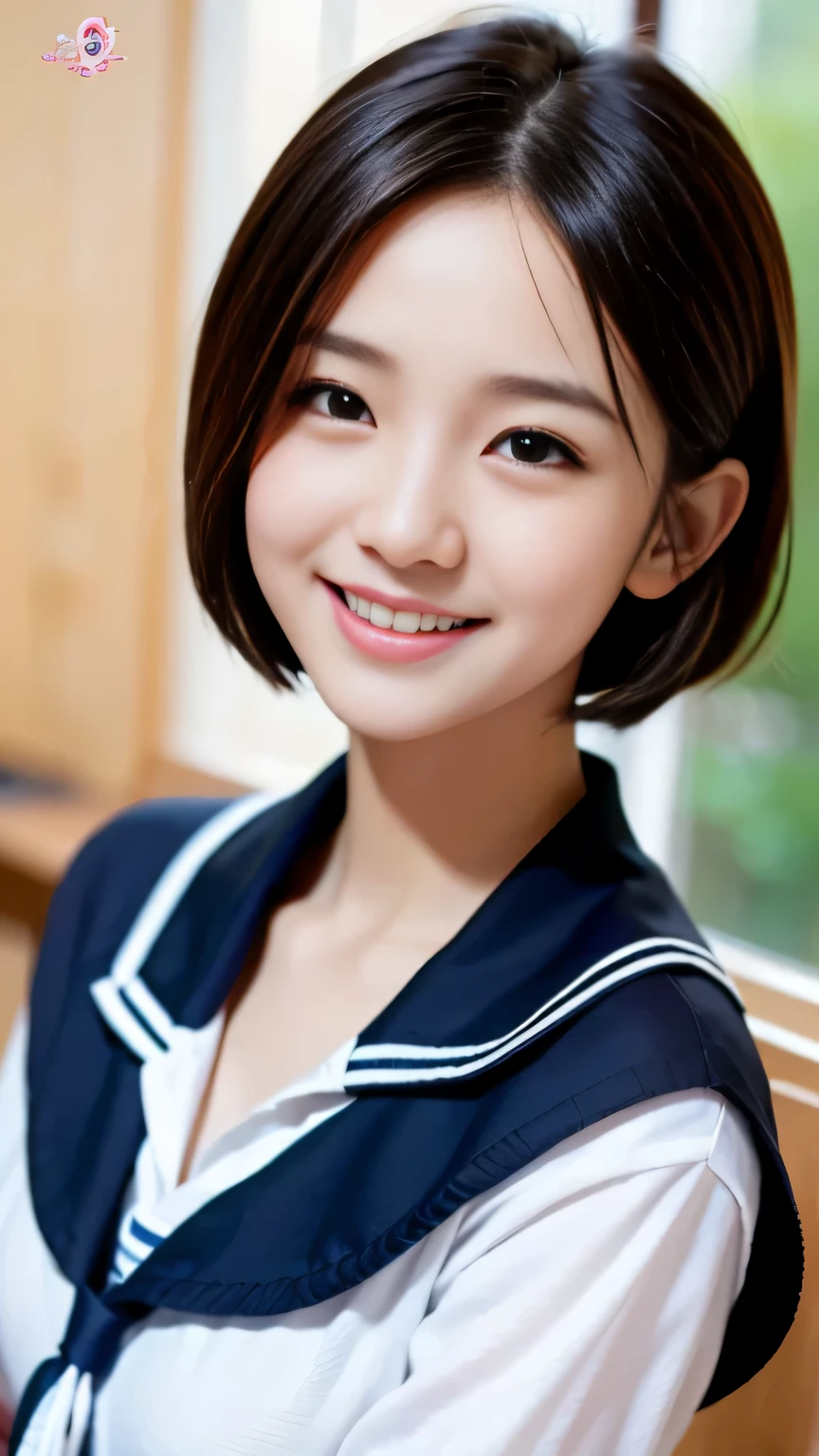 8K, Ultra-high resolution, Highest quality, masterpiece, 三分割法によるphotograph,Surreal, photograph, 1 girl, (:1.3), pretty girl, Cute face, Beautiful eyes in every detail, 細かくdetailedに,masterpiece,, One Girl:1.2, Japan Female Announcer,whole body,((detailedな布の質感, Cute long-sleeved blue sailor suit, Blue pleated skirt, White sailor collar)), (Beautiful views), Daytime, (School), Are standing, (Cute smile, Open your mouth), ,A carefree smile,Healing the heart,short hair,Looking at the audience、beauty,Long neck、Laugh a little、Please close your mouth and laugh、(((Ideal body type))),A-cup small breasts :2,、Portraiture:2、Perfect Anatomy、鮮明なdetailed、detailed、Surreal、Light and shadow,Strong light