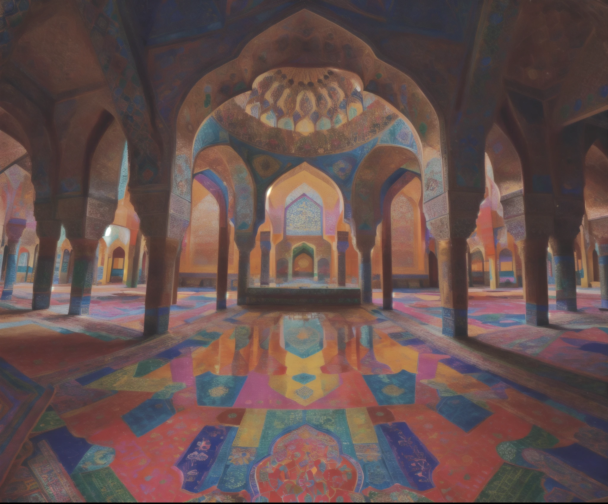 colorful room，have many windows, Futuristic Persian Palace, A colorful and intricate masterpiece, Intricate and colorful masterpiece, Persian style architecture, psychedelic architecture, Colorful tiled building, beautiful colorful tiles, and inner mosque, islamic architecture, Fantastic colors and atmosphere, persian rug, Fantastic colors and atmosphere, Very colorful paradise, colorful buildings, Intricate and colorful, islamic art, stunning colors