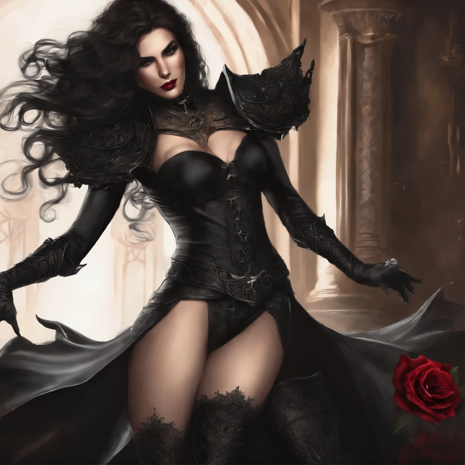 Dark Lord Zoma: Rei demonio, jovem adulto com uma armadura preta e escarlate, careca, bigode e goatee e Darth Vasara: demon queen, Shoulder-length brown hair, gothic long black armor, tattoo of an infernal rose in a room with her hands on the bed and her ass upturned , romantic fantasy drawing style