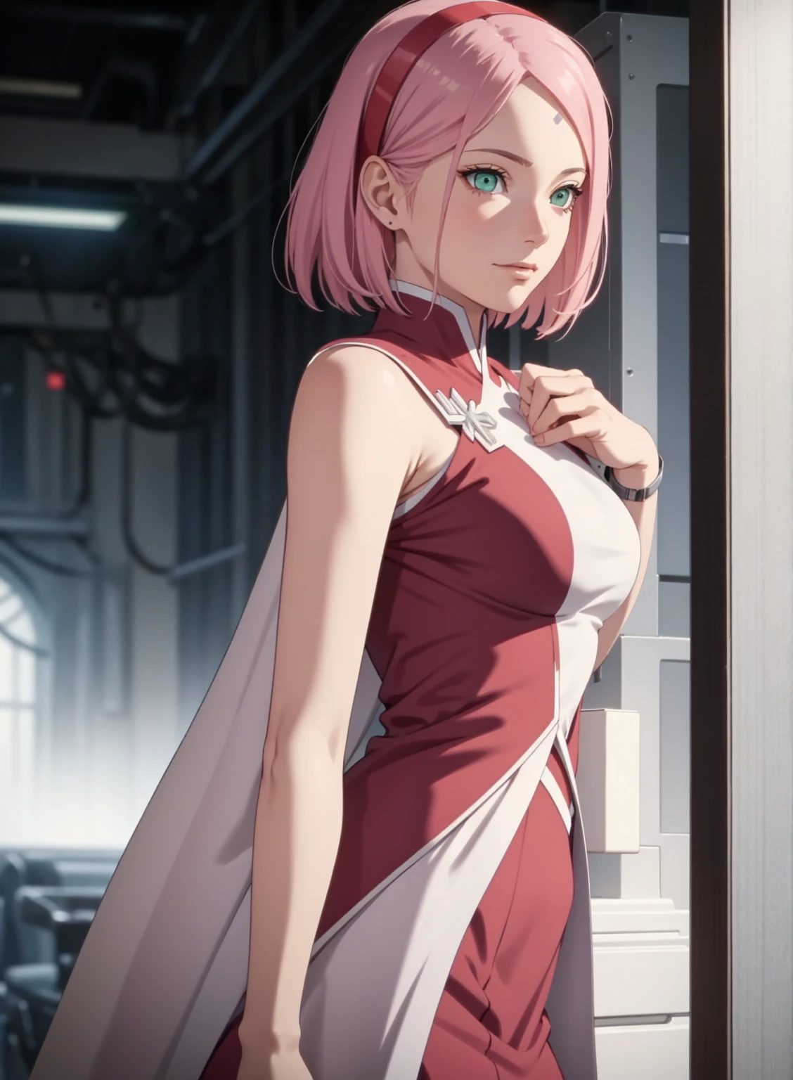 sakura haruno, exposed leg dress, maturebody, beautiful face, sultry posing, big buttocks, illustration, high resolution, ultra detali, realisitic, swirly vibrant colors, soft lighting