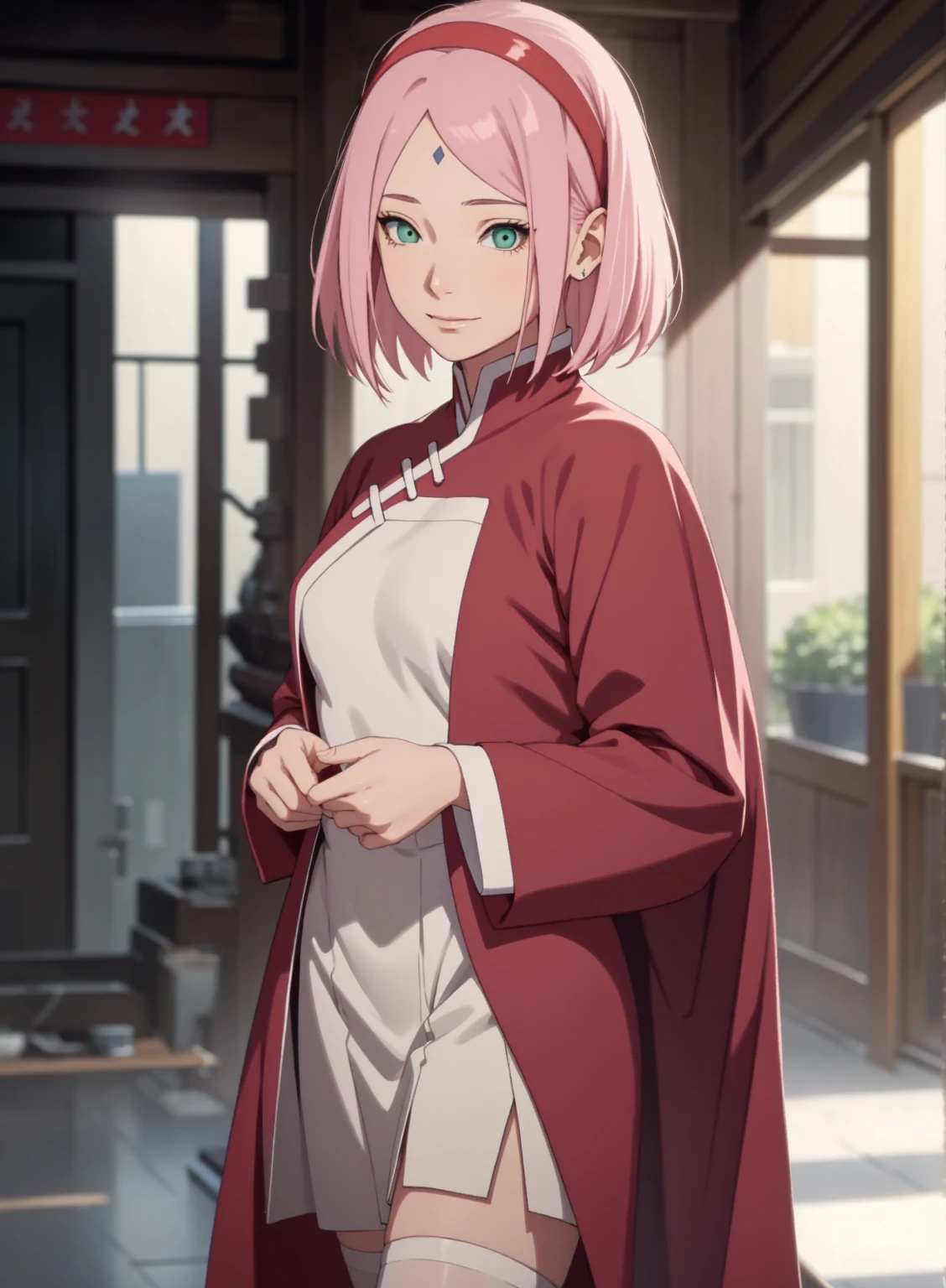 film movie still、1girl in、It's standing、24 years、pale-skinned、innocent smiles、white stockings、((A detailed face))、(Detailed skin)、Moist with intricate details、Shallow depth of field、[volume fog、shot at 8k resolution、Sakura Haruno, A pink-haired,short detailed hair, Red headband, red dress, Green eyes,Close-up, upper body, backwards, looking back