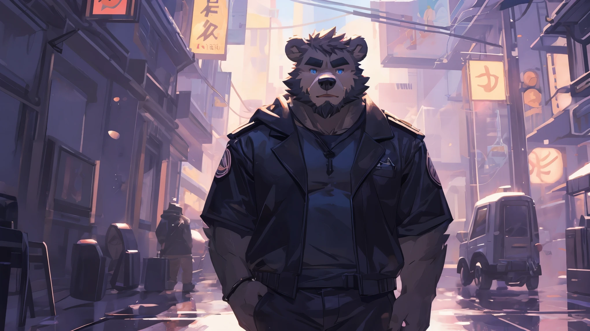 (masterpiece:1.2), best quality,pixiv,official art,(Ray tracing, light), morning ,(1_male:1.3), (solo:1.2) , portrait , (muscle), (gray fur:1.4), (muscle bear), (bear tail), (beard:1.2), Thick eyebrows, cyberpunk, neon light, black vest, open hoodie, cargo shorts , Salar de Uyuni ,reflection, looking at viewer, full body