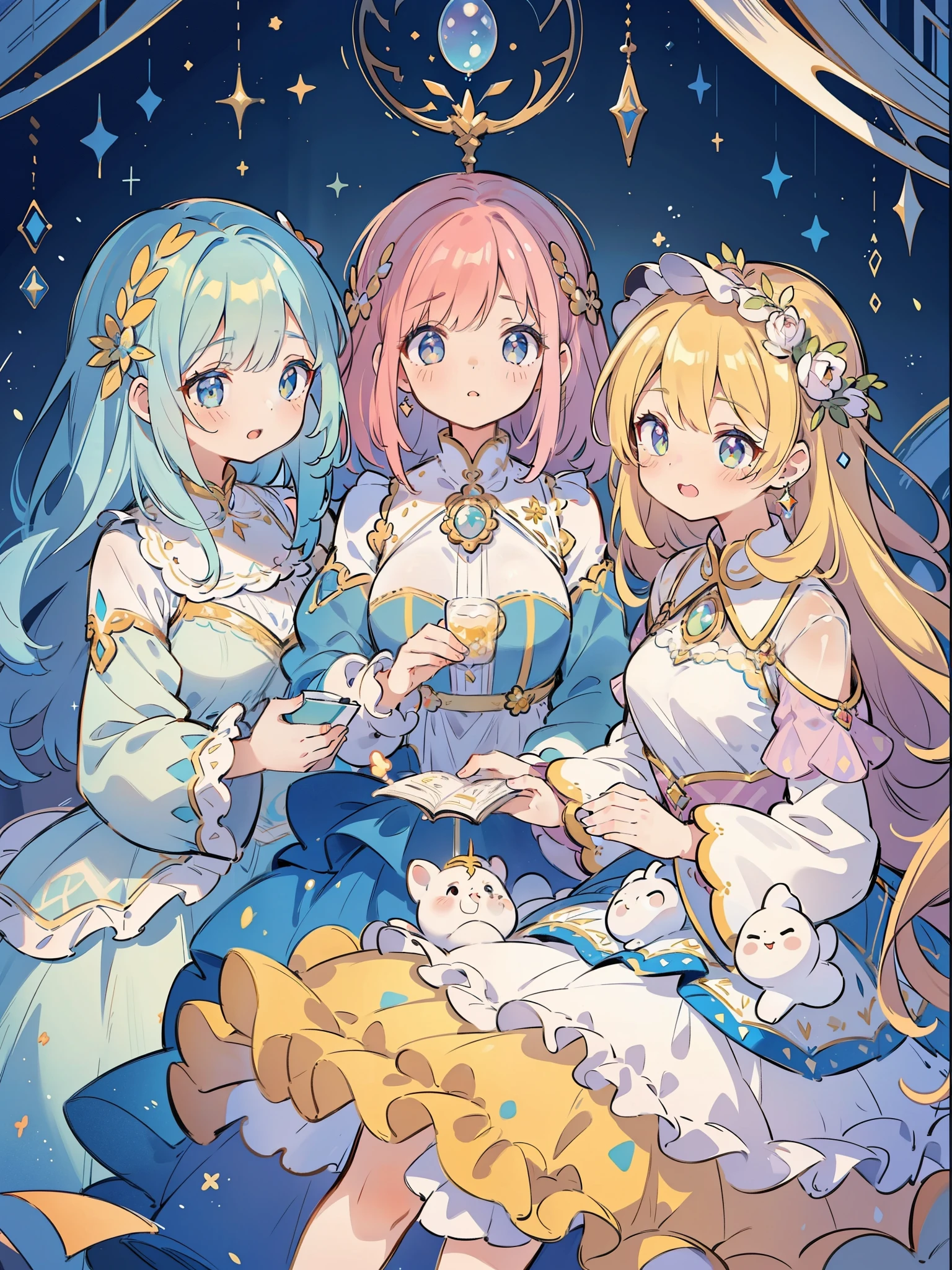 masterpiece, best quality, 8k resolution, sharp focus, intricate detail, beautiful 3girls, sparkling eyes, golden ratio face, otherworldly liquid, watercolor, pastel colors, bright colors, whimsical, colorful, sharp focus, high resolution, fine detail, ((layered tiered puffy long sleeves ballgown)), ((round eyes)), iridescent bubbles, fantasia background
