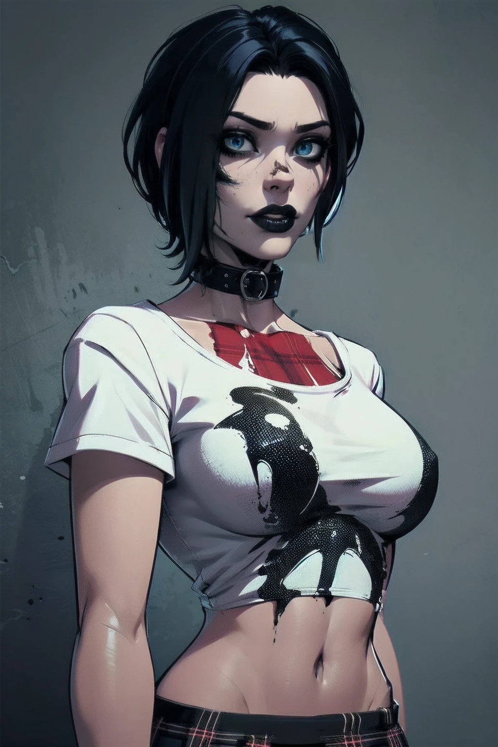 a woman with short black hair, hair on shoulders, wearing a white t-shirt and plaid skirt, blue eyes, zombie art, gothic art, cute aesthetic with vibe, toon aesthetic, wearing red costume, wearing gothic accessories, look like Cassie Hack, upper body, zombie background,