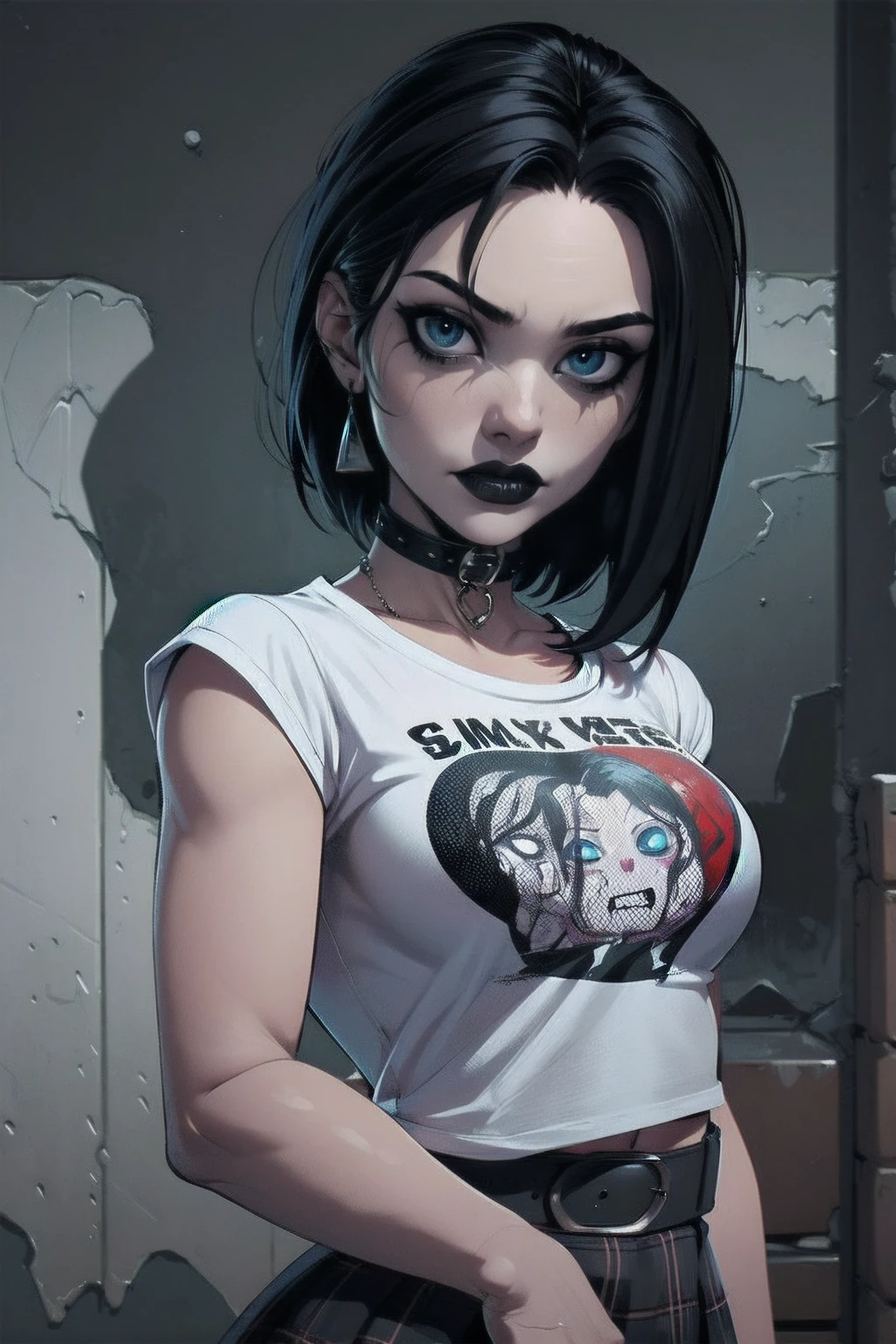 a woman with short black hair, hair on shoulders, wearing a white t-shirt and plaid skirt, blue eyes, zombie art, gothic art, cute aesthetic with vibe, toon aesthetic, wearing red costume, wearing gothic accessories, look like Cassie Hack, upper body, zombie background,