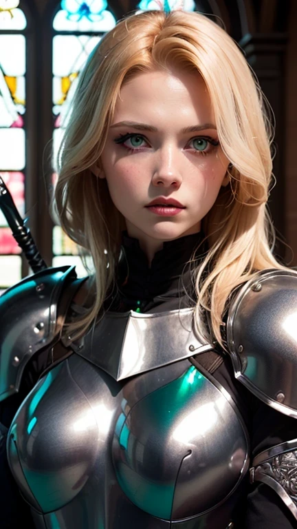 ((best quality: 1.5)) ((masterpiece: 0.8)), intricate details, sharp focus, professional, photorealistic, real life, realistic representation of the face, ((((solo, 1girl) muscular assassin, golden hour, (albino skin, intense expression, god rays, [flat chest:medium breasts:0.1])))) dynamic action pose, homely face, in the style of realistic and hyper detailed renderings, medieval church, stained glass, solo, BREAK; BREAK (((short ginger bob hair, (blackout gothic eyeshadow, makeup), clear green eyes))), (blemish: 0.7), ((fujicolor)), BREAK; BREAK ((((medieval paladin, (lacquered seafoam chrome armor:1.9 weapon, modest, knight, iron circlet, etching))), photorealistic, hyper-realistic))