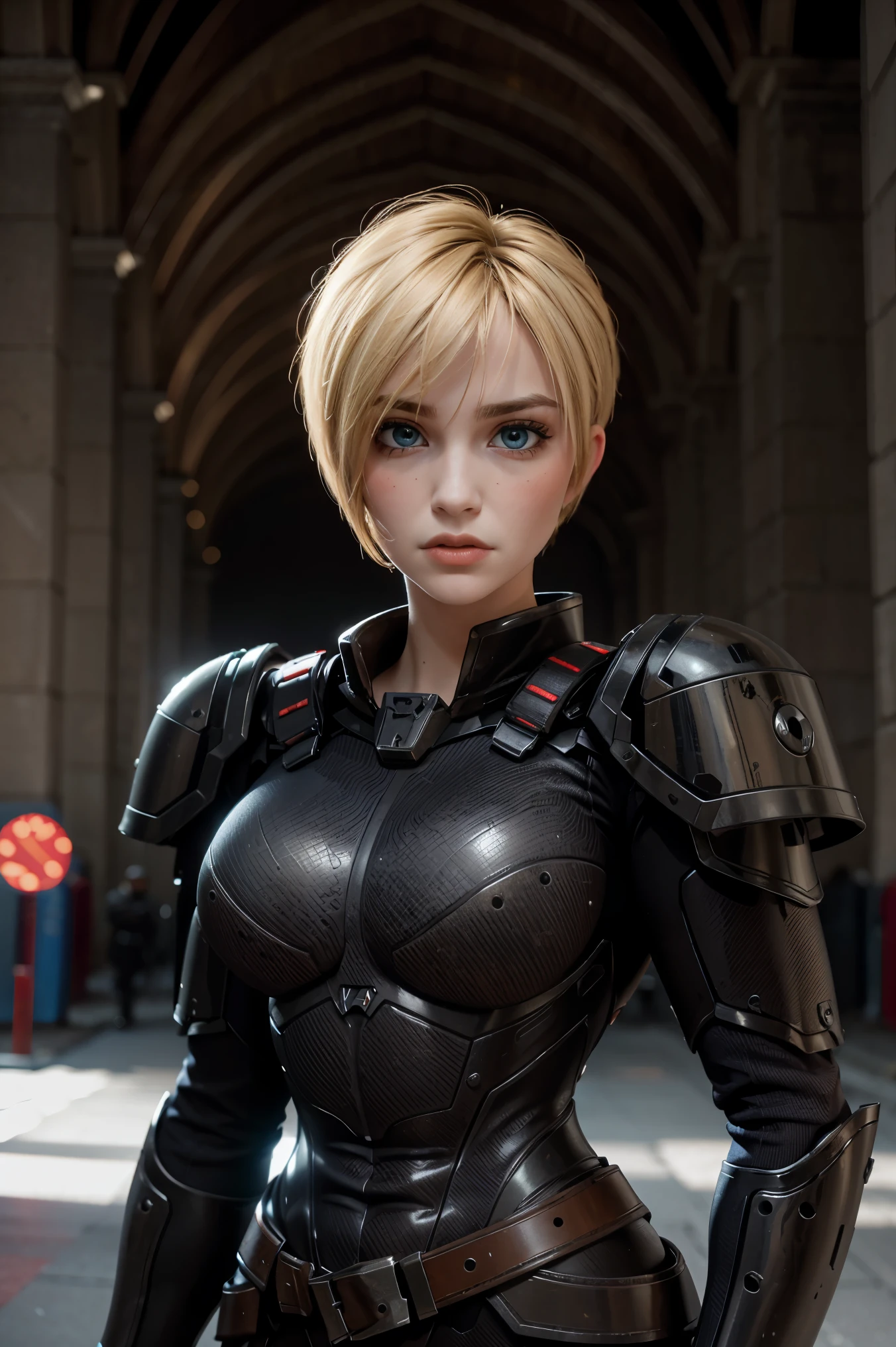 A stunning and intricate full color Ultra-HD portrait, girl, short golden blonde hair left bang, blue eyes, detailed face, wearing heavy tight fitting black and red armor, epic character composition, alessio albi, nina masic, sharp focus , natural lighting. , subsurface dispersion, f2, 35mm,
