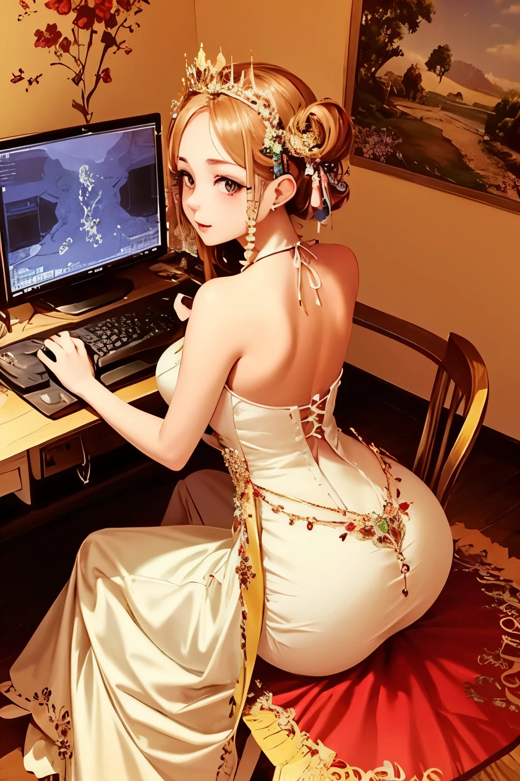 (Masterpiece)), ((best quality)), (ultra-detailed), 1 girl, absorbed in playing games, turns her chair from behind revealing a captivating backview, Large display screen adorned with radiant red and gold pixels reflects her engrossed expression, delicate fingers dexterously navigate the computer keyboard with precision, regal elegance encircles her in a red and gold dress, a gleaming crown placed delicately atop her head, (5K), (stunning), (((enchanting visuals))), superb quality, detailed facial features, vibrant colors, full HD, enchanting, (visually attractive), (gorgeously rendered), brilliant graphic design.
