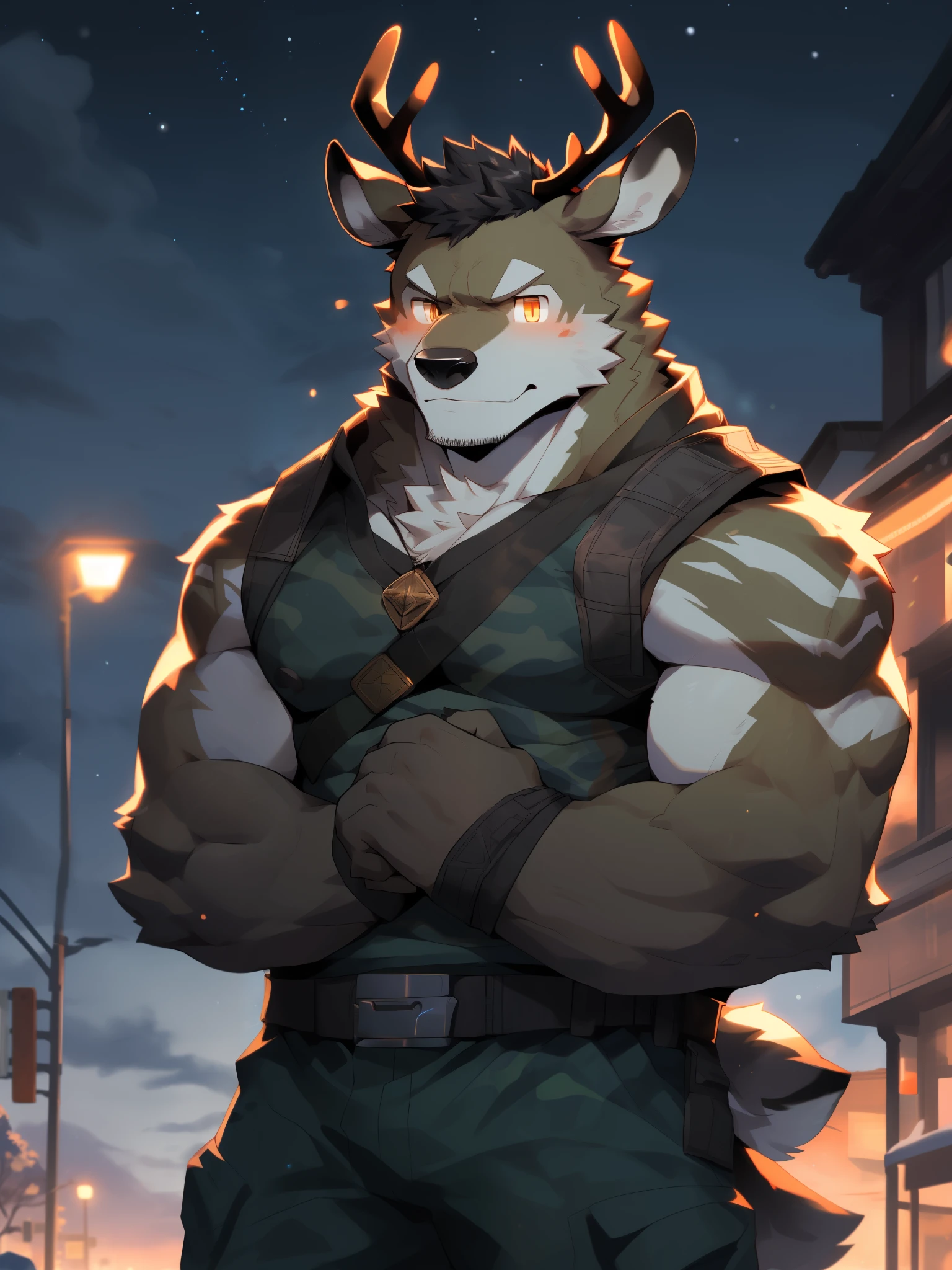 alone, (middle aged male), (muscular,rogue soldier), shaman, (male human deer):1.3, black body, white belly, (Permanently installed):1.3, (Kanno:1.4) (pray):1.23, (Detailed camouflage clothing, Soldier： 1.2), delicate eyes, Deer tail, deer ears, ((bust)), (delicate eyes, golden eyes,): 1.1, (outdoor: 1.35), wind, grassland，street lights, street, Star, night , (particle, scattered letters, orange light): 1.3, Detailed background, actual, actual hands, 8K HD, (dark shadow, wide dynamic range, high dynamic range, low light: 1.2)