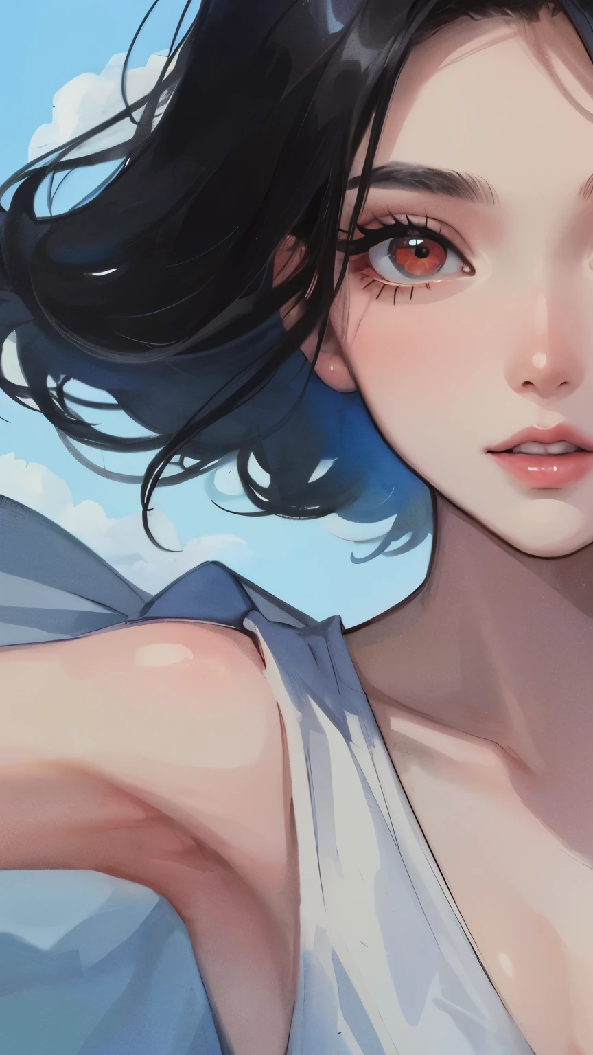 young girl　black hair　short hair　red eyes　irreverent face　look down　thin body　thin thighs　small breasts　small ass　toned body　blue sky　cloud　hair blowing in the wind　high quality　High resolution　8k　vampire　watercolor　natural feel　bridge of the nose　((最high quality)), ((masterpiece)), (get used to it), dignified face　grassland　close up of face　Beautiful as a goddess　whole face　lipstick　eye shadow　naked 　ID photo style　one piece　long eyelashes　Accurate　No decoration　Bare skin　　No accessories　In underwear