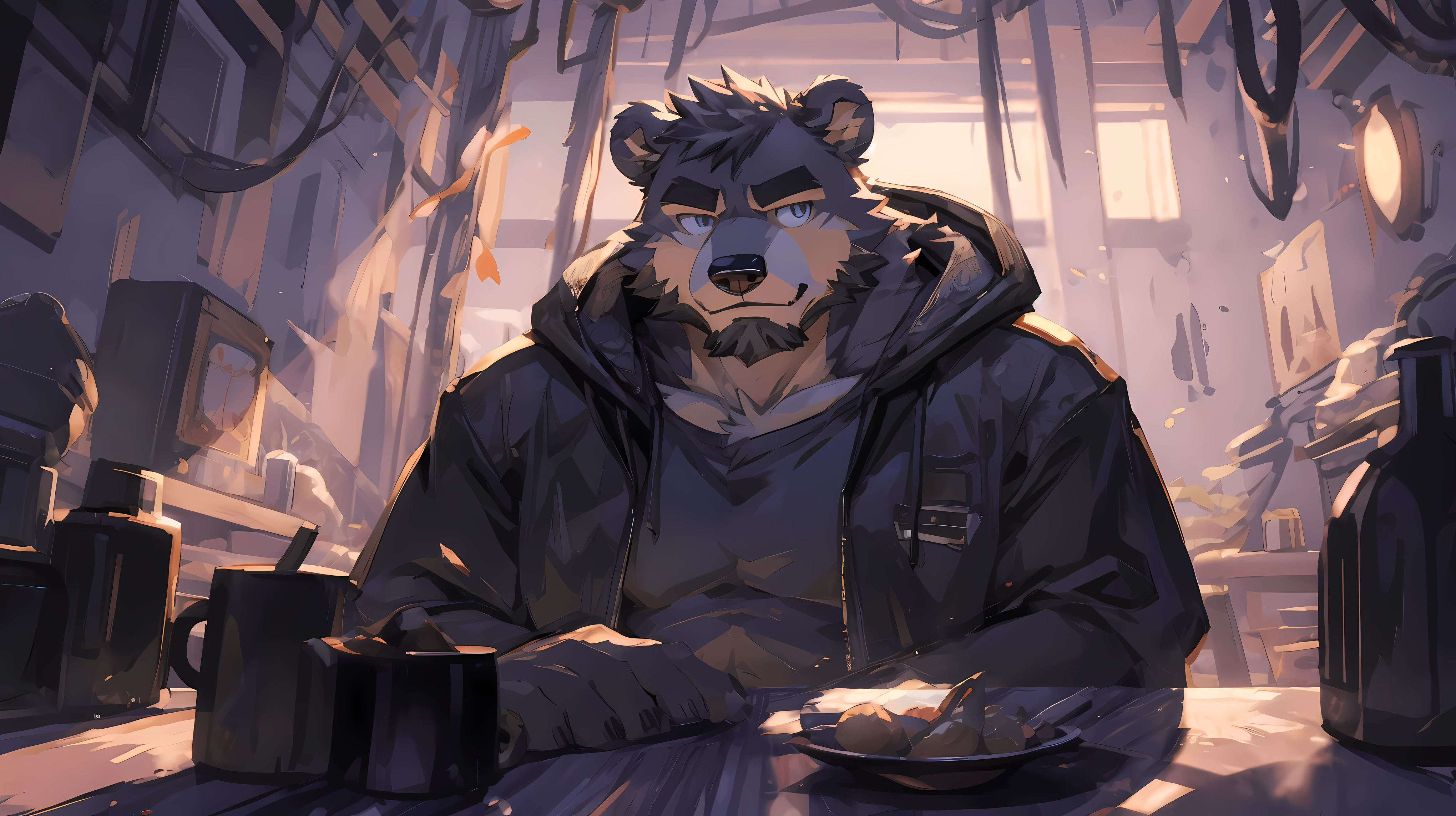 (masterpiece:1.2), best quality,pixiv,official art,(Light线追踪, Light), morning ,(1_male:1.3), (alone:1.2) , portrait , (muscle), (gray fur:1.4), (muscle bear), (bear tail), (beard:1.2), thick eyebrows, cyberpunk, neon Light, black vest, open hoodie, cargo shorts , Salar de Uyuni ,reflection, looking at the audience, whole body