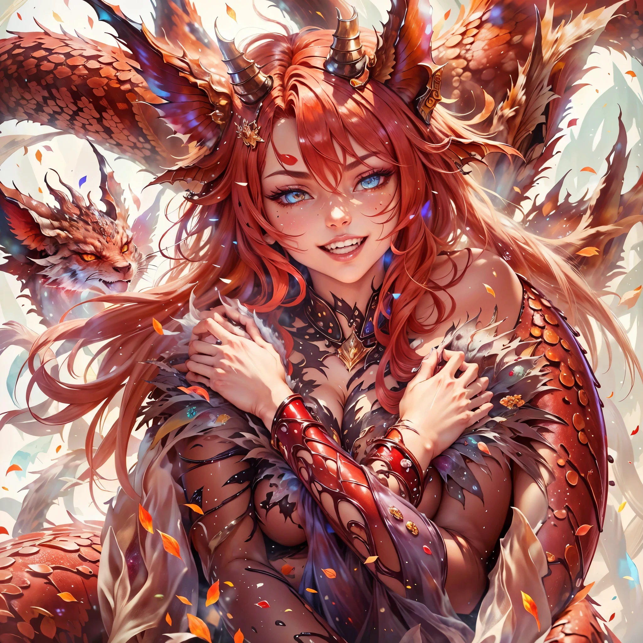 (best quality,4k,8k,highres,masterpiece:1.2), ultra-detailed, realistic, naked sexy dragon woman with red glittering scales, long fiery red hair, very playful but mischievous smile, naked, nude, detailed crotch, detailed vulva, detailed pussy, sexy pose, spread legs, spread pussy lips, playful, bi-coloured eyes, heterochromia, lustful
