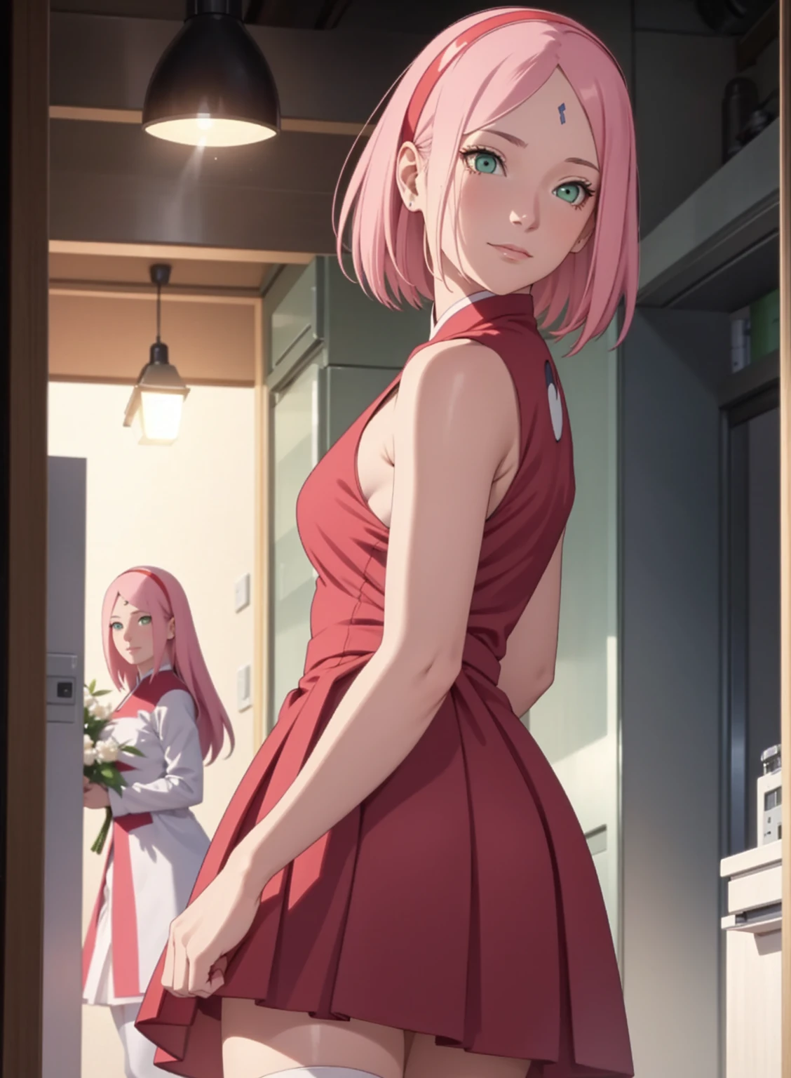 film movie still、1girl in、It's standing、24 years、pale-skinned、innocent smiles、white stockings、((A detailed face))、(Detailed skin)、Moist with intricate details、Shallow depth of field、[volume fog、shot at 8k resolution、Sakura Haruno, A pink-haired,short detailed hair, Red headband, red dress, Green eyes，Close-up, upper body, backwards, looking back