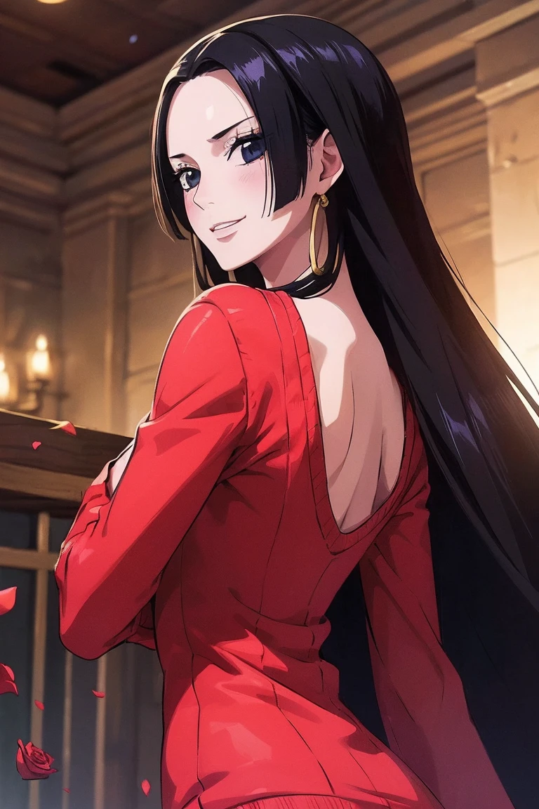 best quality, masterpiece, highly detailed,1girl,  ((rose)), (vine), cage, bandage, red rope, (detail light), falling rose petals, Boa Hancock,, (masterpiece:1.5), Detailed Photo, Smiling,(8K, Photorealistic, Best Quality: 1.4), (1girl), Beautiful Face, (anime realistic Face), (Black Hair, long Hair: 1.3), Beautiful Hairstyle, Realistic eyes, beautiful detail eyes, (realistic skin), beautiful skin, (sweater), absurd, attractive, ultra high resolution, ultra realistic, high definition, golden ratio, backwards, looking back