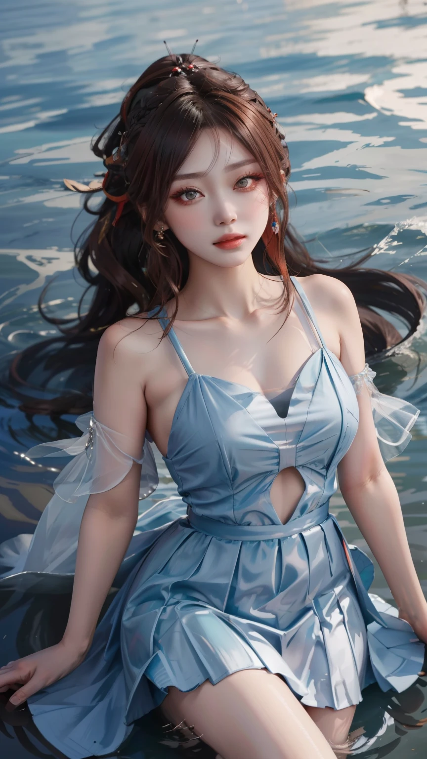 best quality, ultra hi res, fairytale, a picture of a beautiful young mermaid with a shiny blue fishtail, detailed face, blue messy fishtail braid, (detailed porcelain doll, delicate bra with a lot of frills and ribbons), underwater, soft light, lost look, looking behind a viewer,