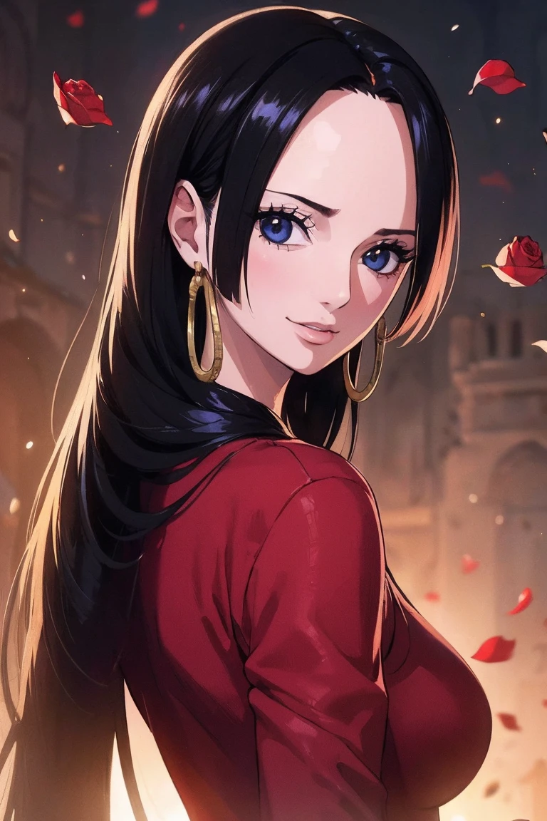 best quality, masterpiece, highly detailed,1girl, ((rose)), (vine), cage, bandage, red rope, (detail light), falling rose petals, Boa Hancock,, (masterpiece:1.5), Detailed Photo, Smiling,(8K, Photorealistic, Best Quality: 1.4), (1girl), Beautiful Face, (anime realistic Face), (Black Hair, long Hair: 1.3), Beautiful Hairstyle, Realistic eyes, beautiful detail eyes, (realistic skin), beautiful skin, (sweater), absurd, attractive, ultra high resolution, ultra realistic, high definition, golden ratio, backwards, looking back