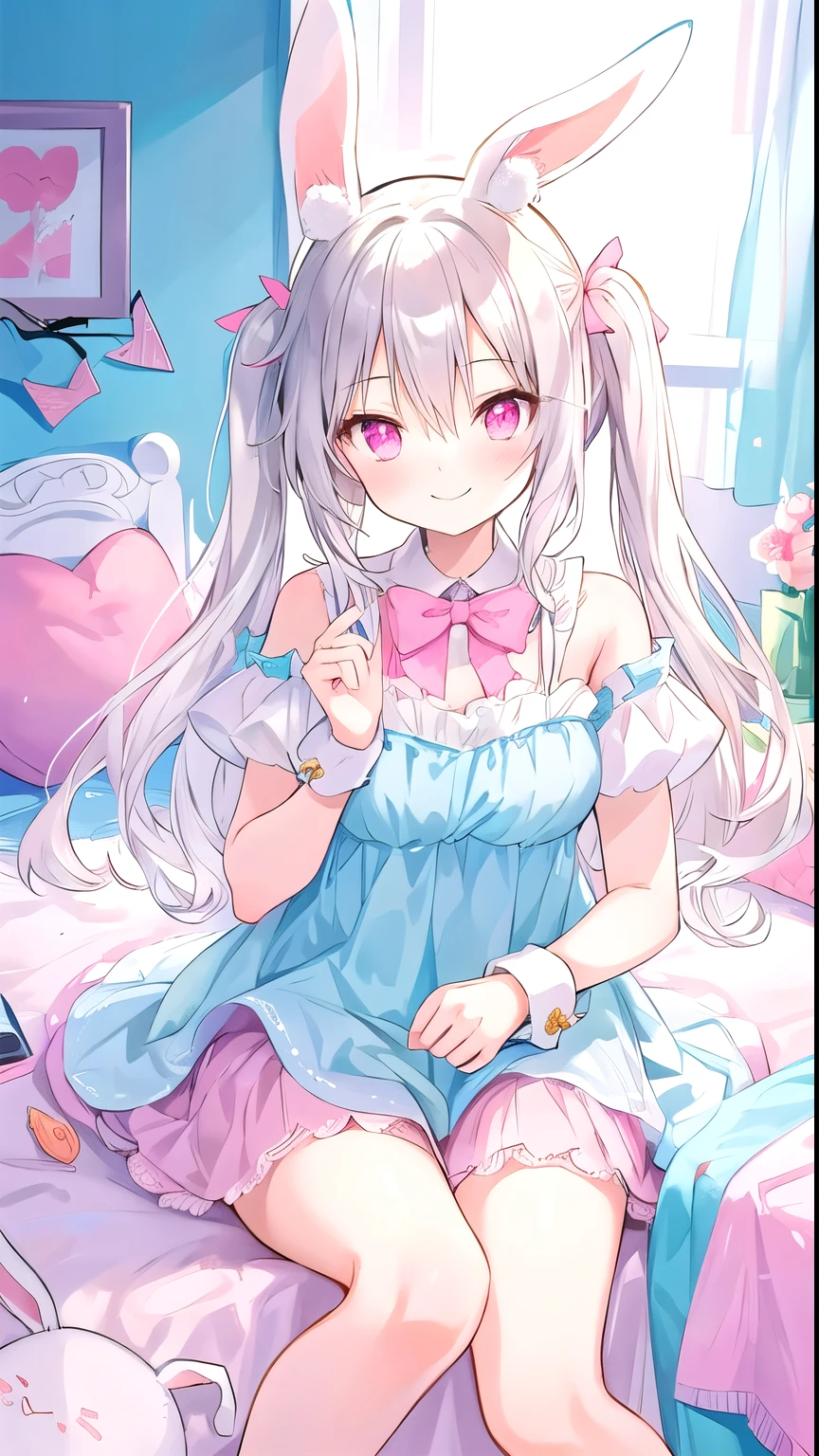 beautiful illustrations, best quality, cute young woman, bedroom, pastel colors, Fluffy bunny ears, , long silver hair, Stuffed bunny, bright light, Pale pink eyes, Smiling sheepishly