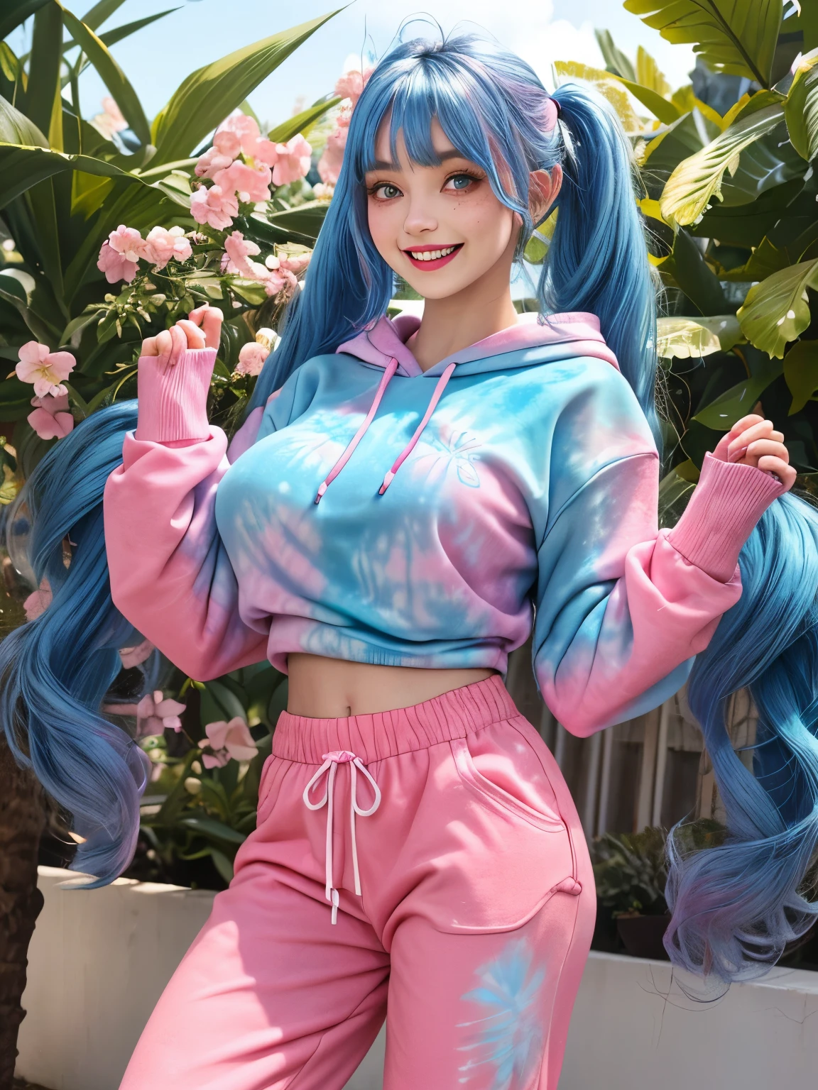woman, light blue tie-dye hoodie, massive breasts, twintails, tight clothing, pastel colors, pastel theme, sweatpants, deep pink and blue hair, smile, teeth, makeup, eyelashes, winged eyeliner, pale skin, outdoors, flower oasis, freckles, bright colors, bangs, bright blue eyes