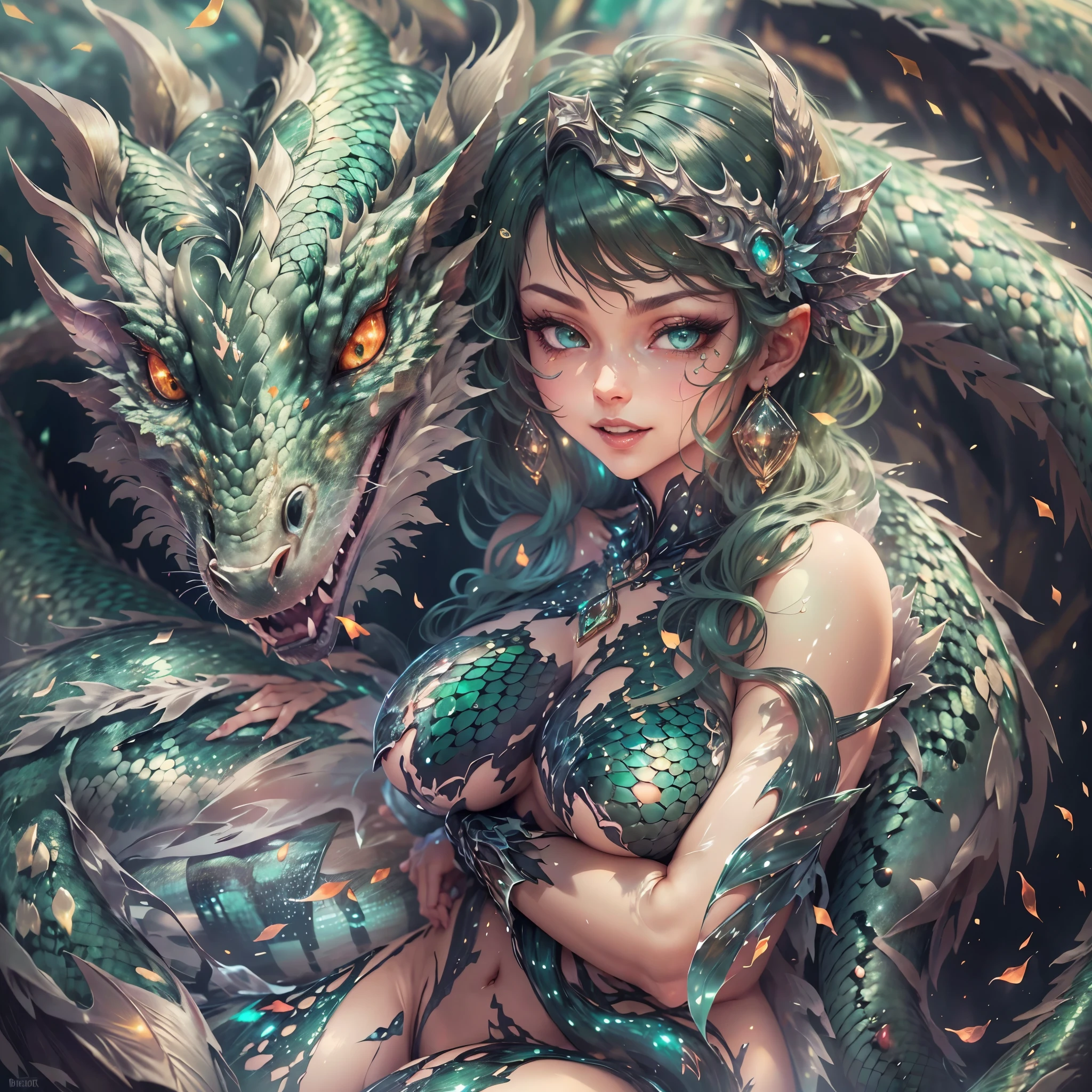 (best quality,4k,8k,highres,masterpiece:1.2), ultra-detailed, realistic, naked sexy dragon woman with green glittering scales, skin is glittering emerald green scales, medium length wavy green hair, very playful but mischievous smile, huge tits, gigantic breasts, naked, nude, detailed crotch, detailed vulva, detailed pussy, sexy pose, spread legs, spread pussy lips, playful, bi-coloured eyes, heterochromia, lustful